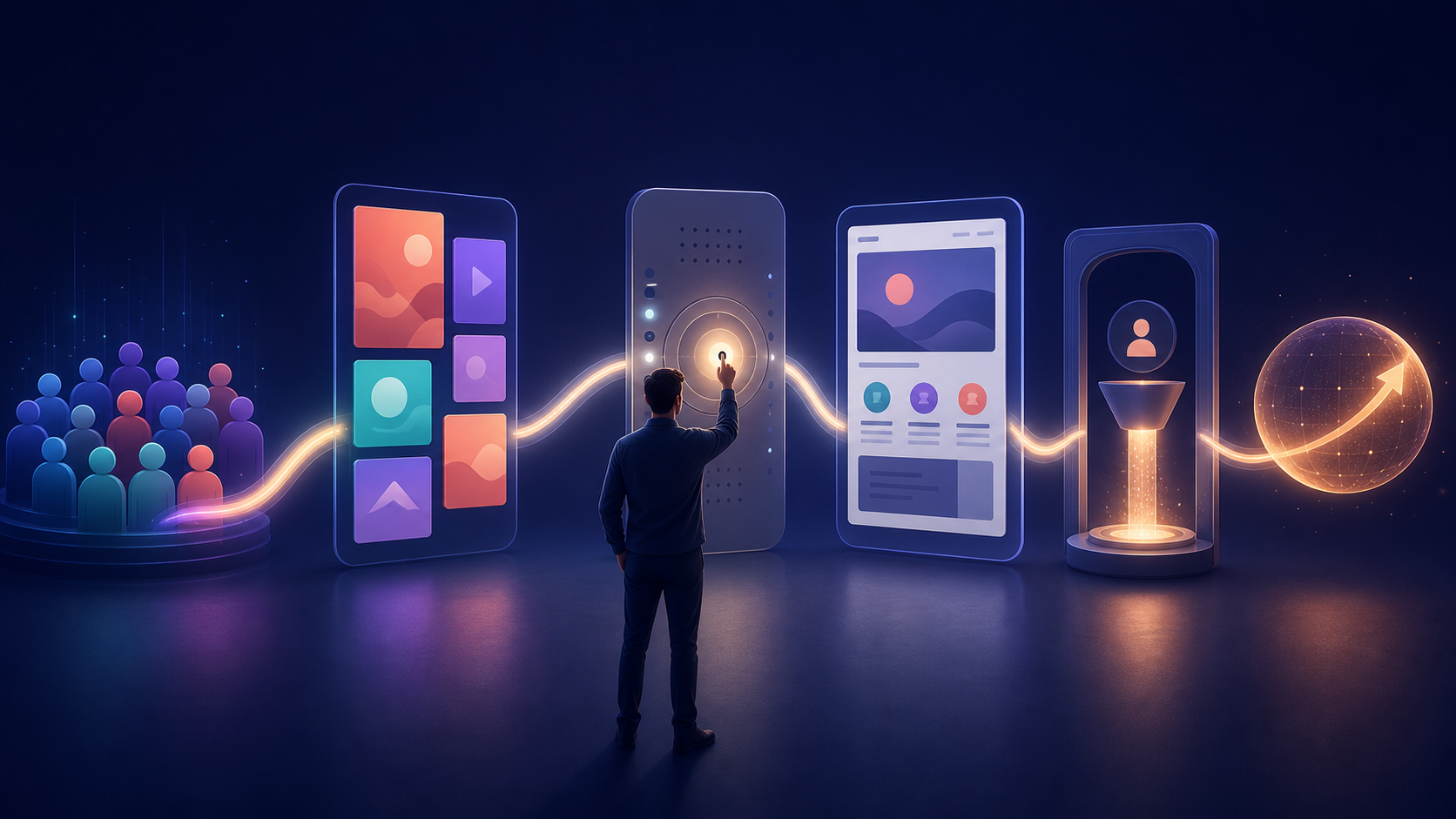 A strategist adjusts one stage of an illuminated path connecting audiences, ad creative, a landing page, conversion, and a business outcome.