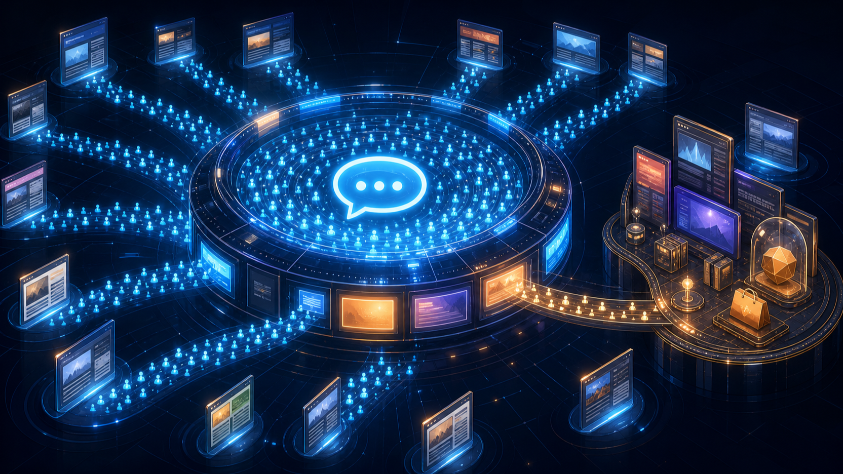 Glowing visitor streams flow from publisher pages into a central AI portal, with a smaller stream crossing to a detailed publisher destination while unbranded ad panels surround the portal.