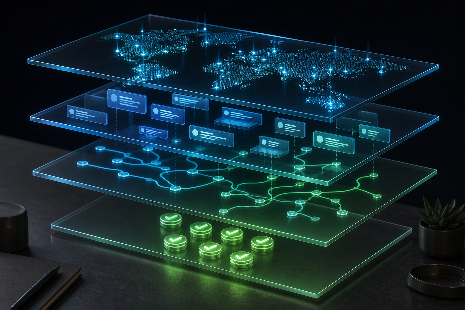 Four transparent layers display abstract global access, answer panels, interaction paths, and outcome markers.