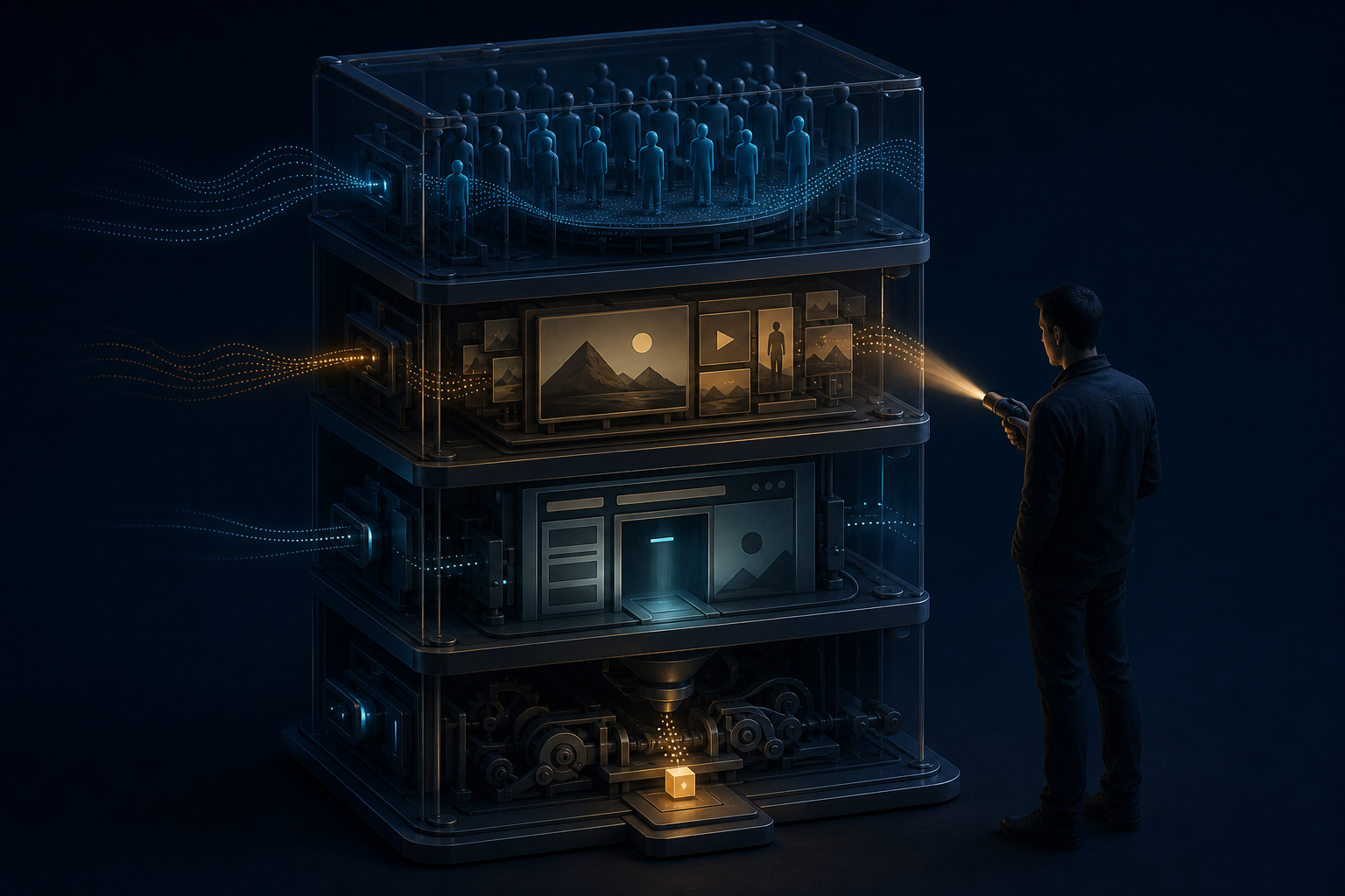 An analyst scans one level of a transparent layered machine containing audience, creative, landing-page, conversion, and outcome elements.