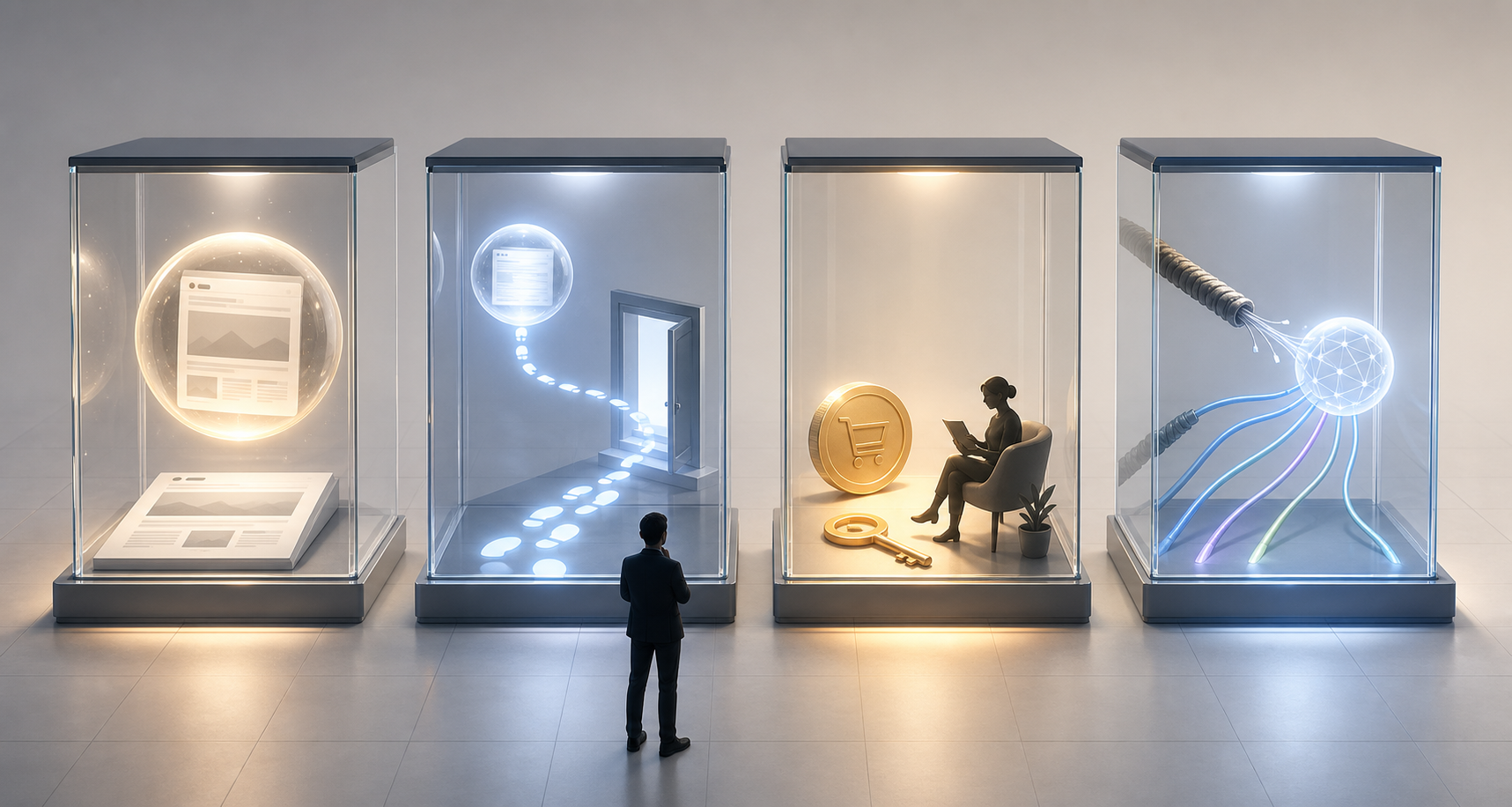 An analyst observes four glass chambers containing symbols for AI visibility, website visits, business value, and reliance on a single traffic source.