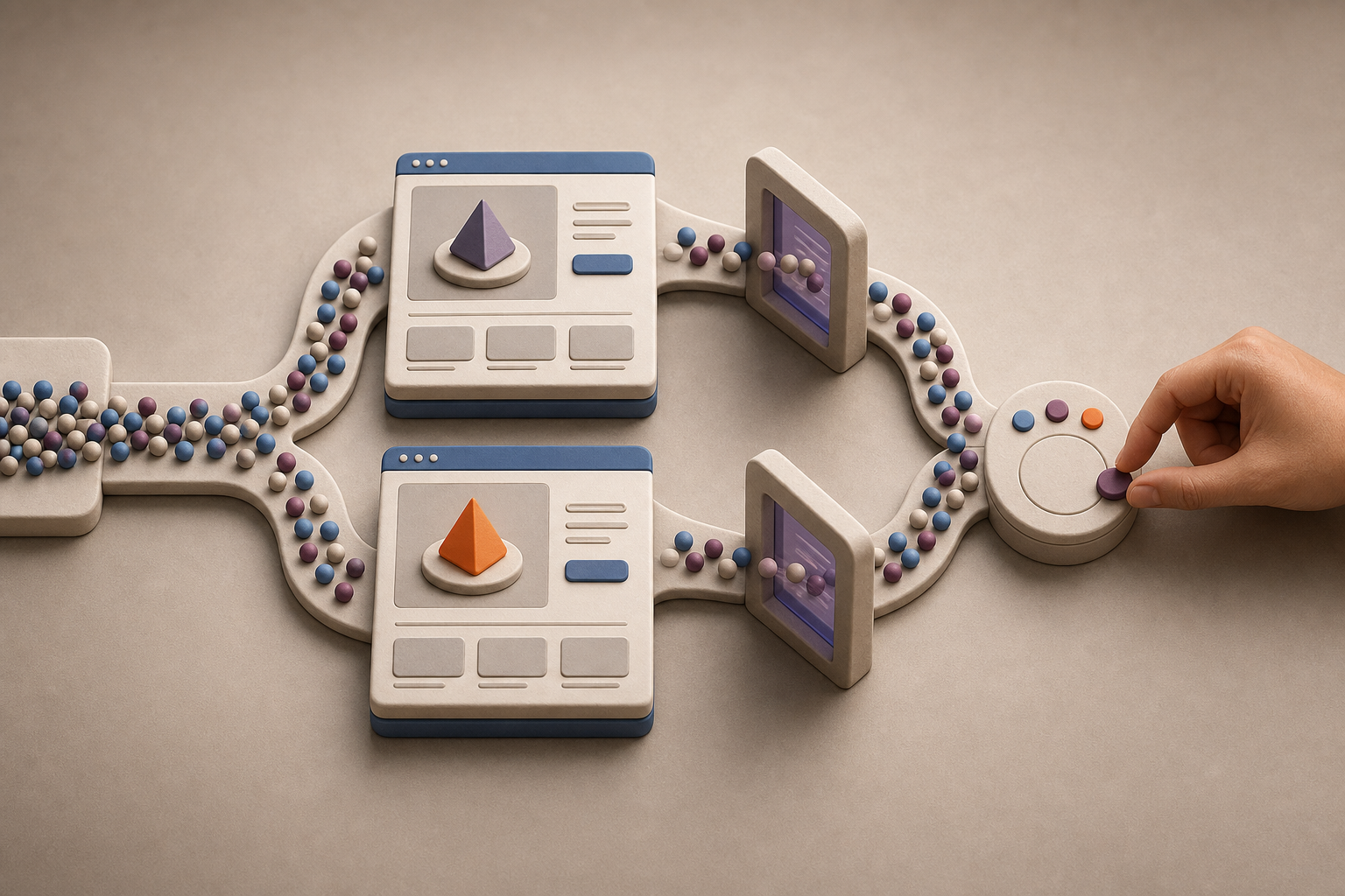 Two nearly identical miniature landing pages receive split visitor flows at a testing station while a hand moves one experiment token.