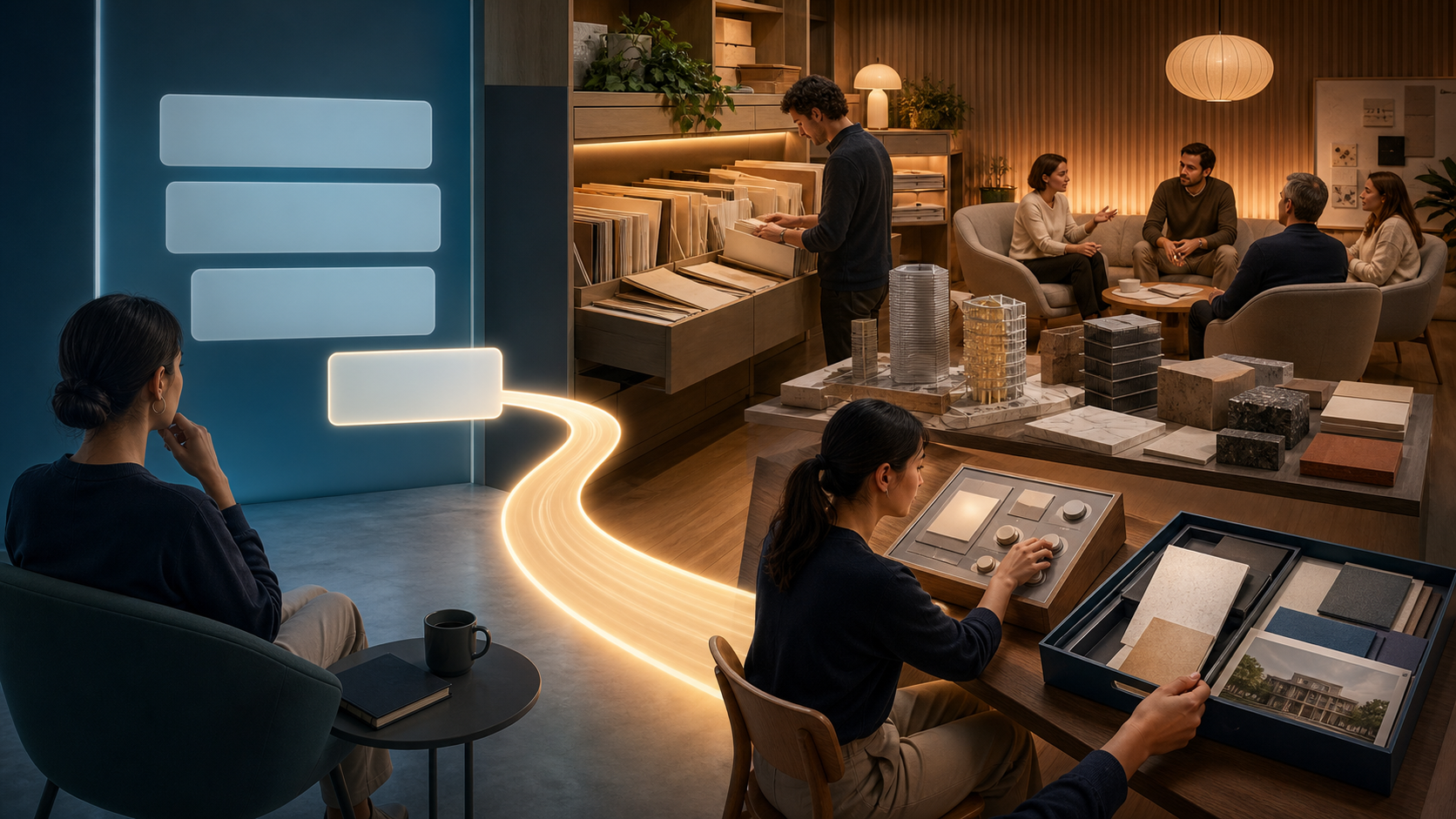 A person follows a bright path from a simple AI answer interface to a publisher workspace offering interactive tools, research materials, comparisons, and an expert community.