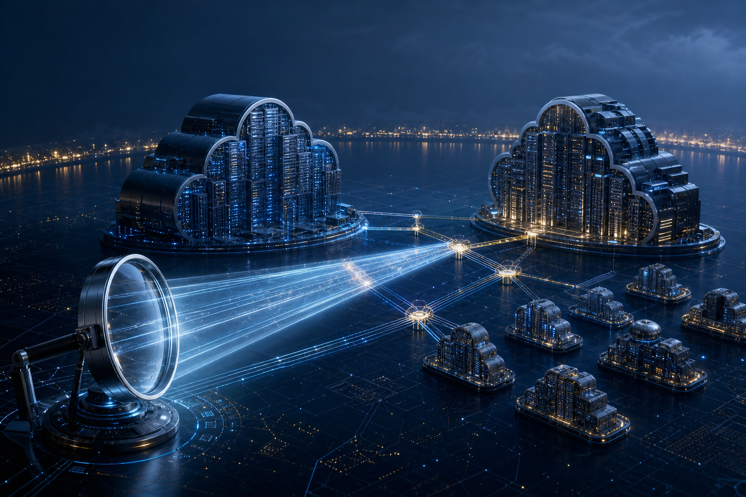 A transparent inspection lens examines data pathways linking two large cloud infrastructure hubs with several smaller providers in a blue digital landscape.