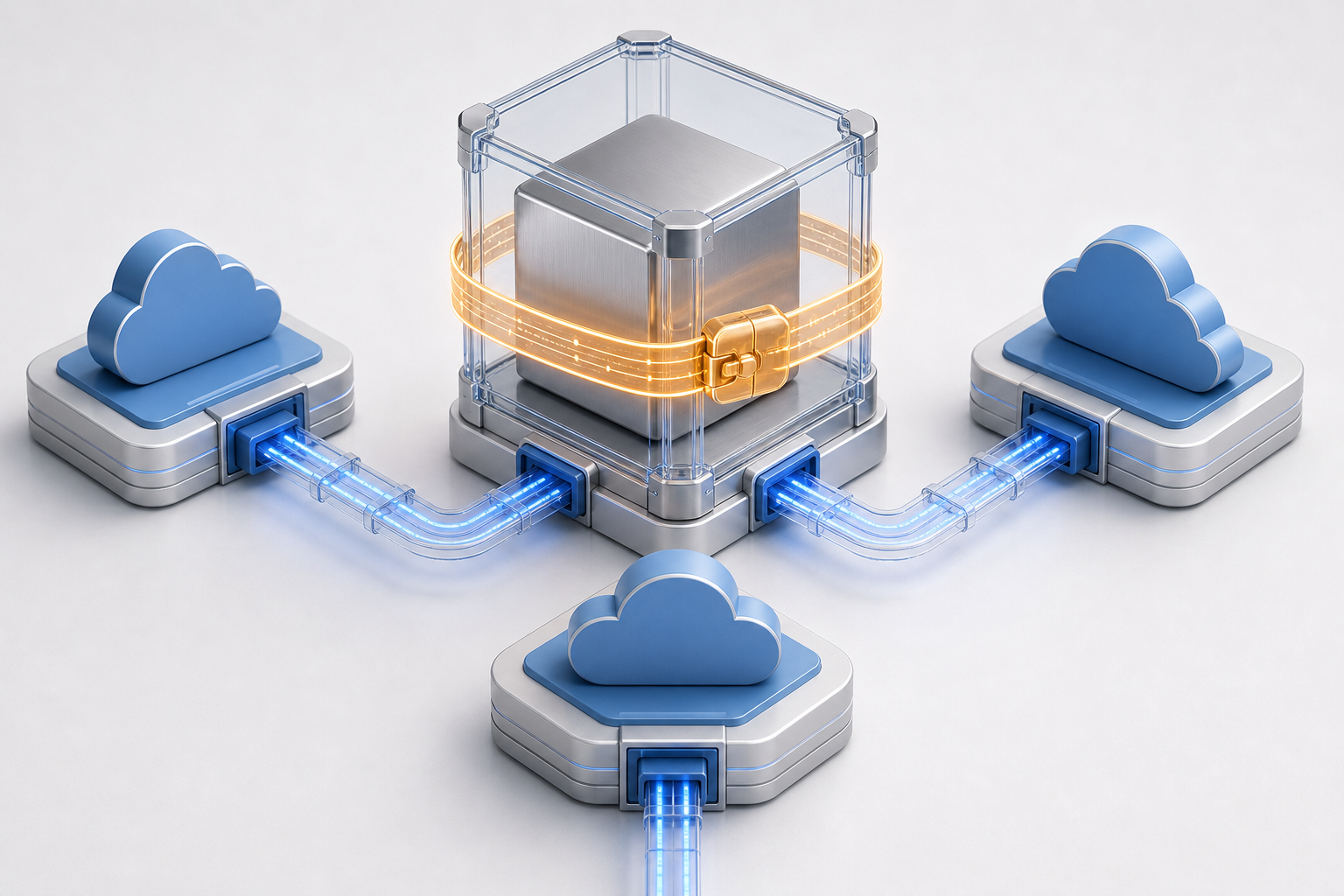 A portable software container with compatible cloud connectors is held to one platform by glowing bands and a closed clasp.