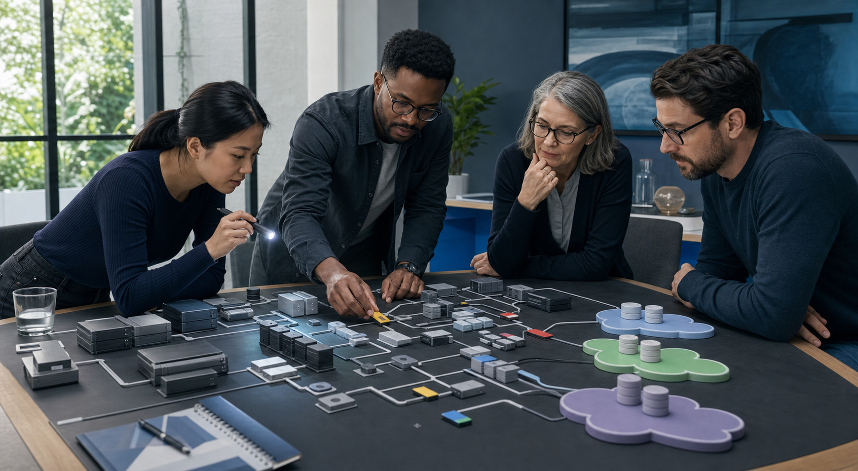 A diverse digital team examines an unlabeled tabletop model of cloud services and marks architectural bottlenecks during an exposure audit.