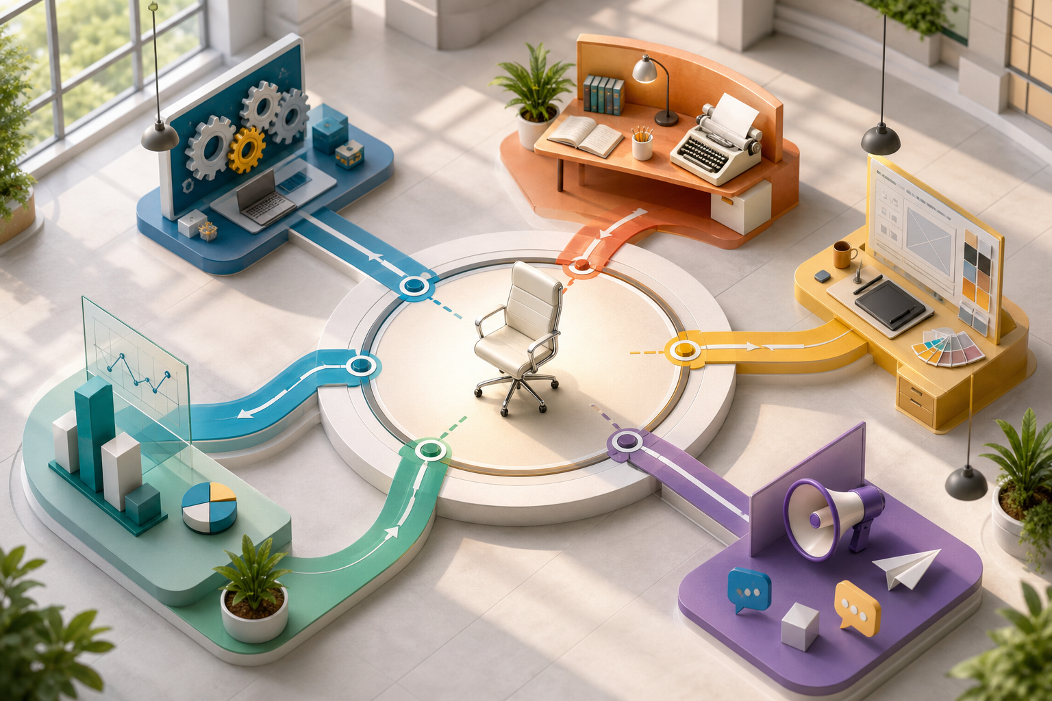 An empty chair sits at the center of a workspace where engineering, content, product, analytics, and communications teams are connected by colored pathways.