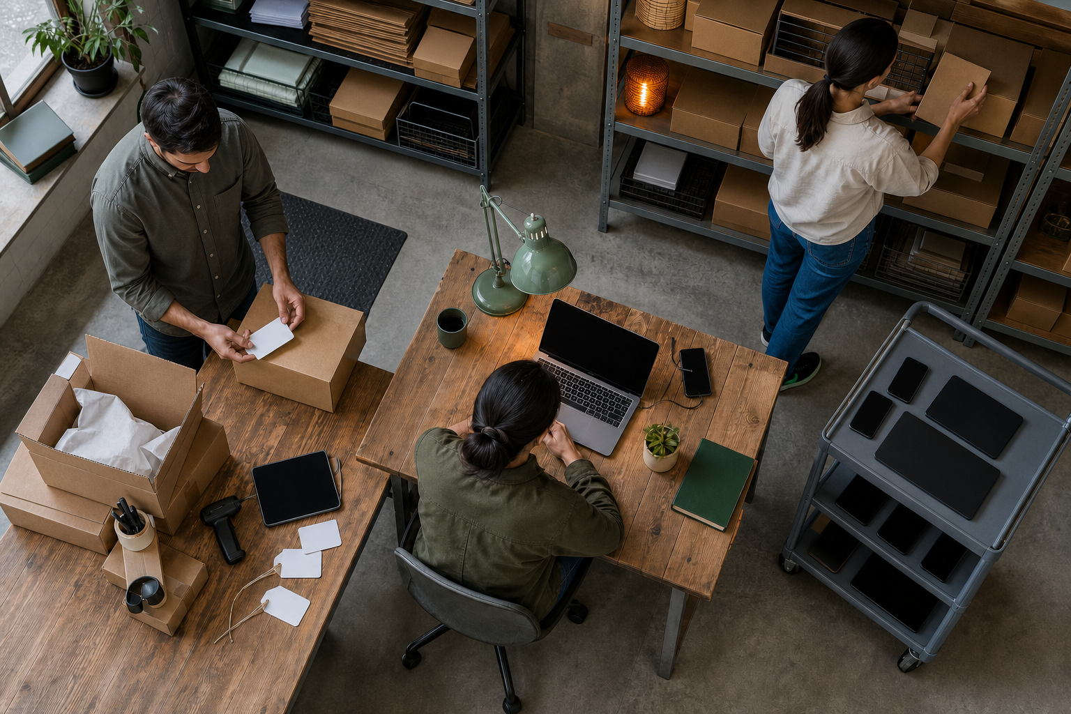 An ecommerce team preserves an active laptop session while checking parcels and physical inventory in an organized fulfillment workspace.