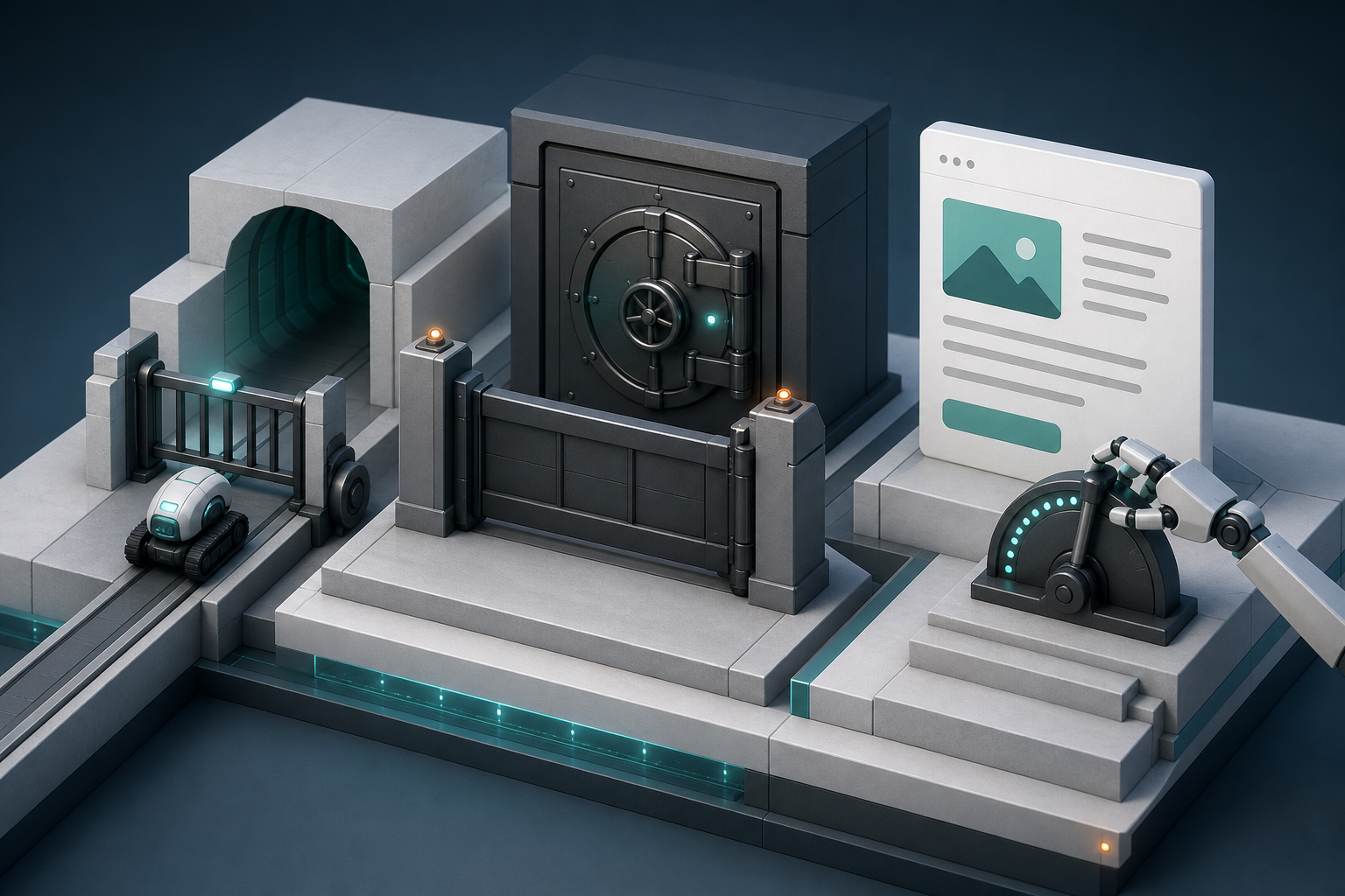 Three distinct mechanisms regulate a crawler tunnel, protect a private vault, and adjust the visibility of a public page-shaped object.