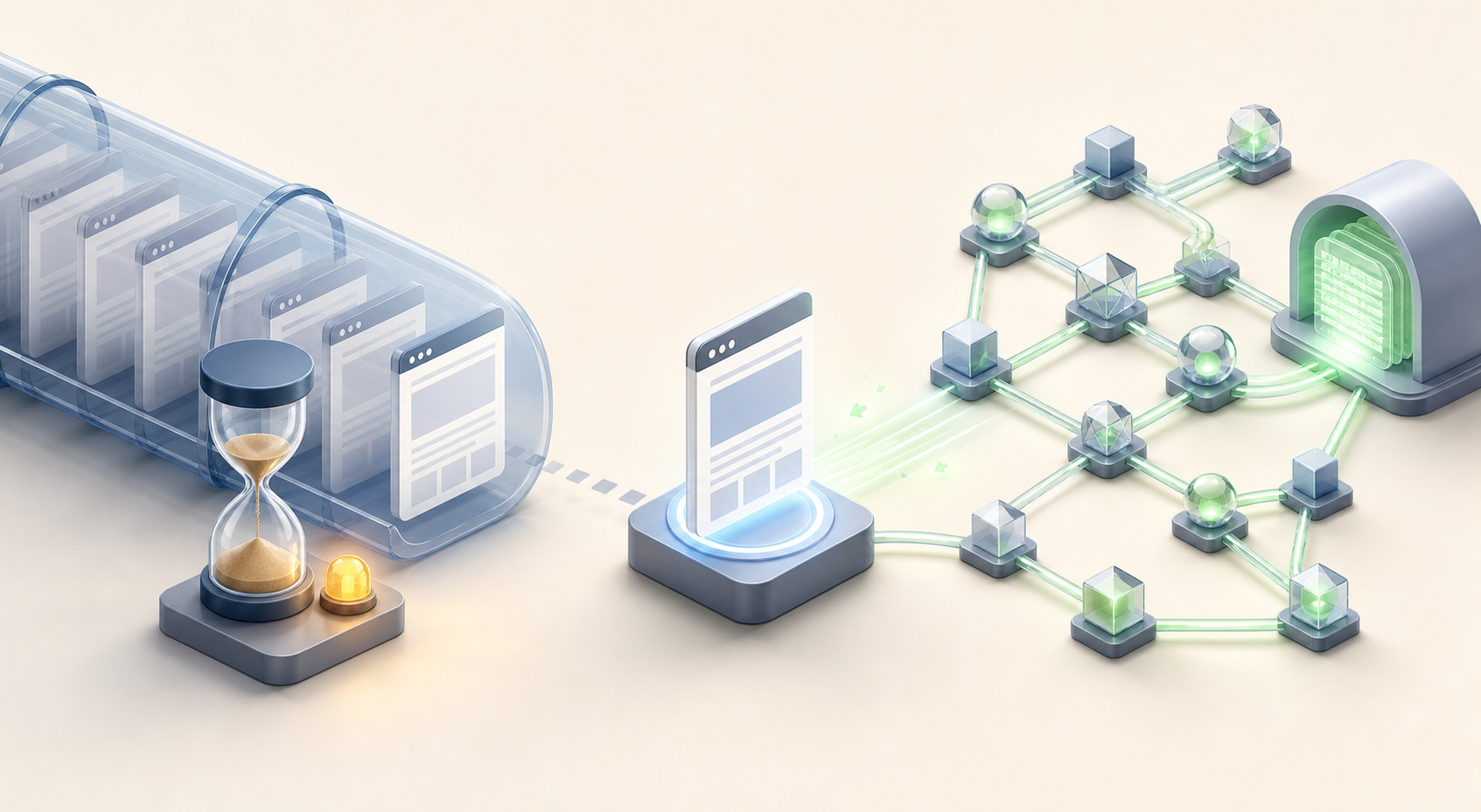 Split illustration showing website data delayed in an hourglass-shaped reporting pipeline while a separate indexing network remains active.