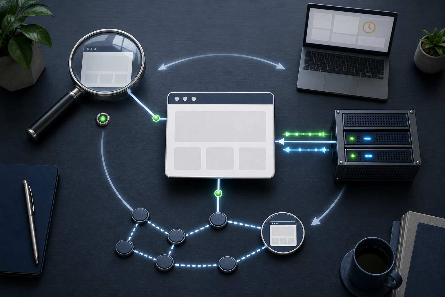 Analyst workstation with a webpage, magnifying glass, server rack, and connected crawler nodes used to verify site status independently of a delayed dashboard.
