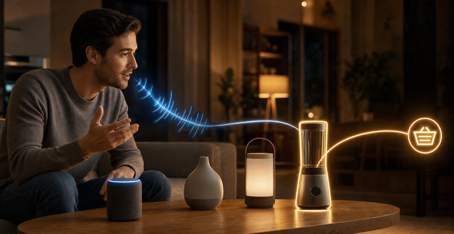A person speaks to a home voice assistant as a glowing path connects the conversation to an unbranded product and a purchase token.