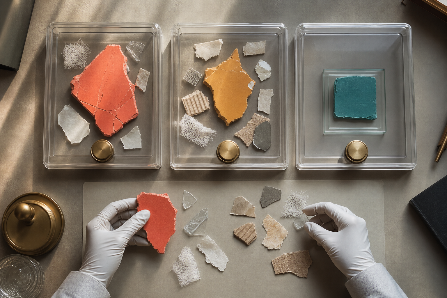 Overhead view of hands sorting abstract claims and evidence into three priority trays.