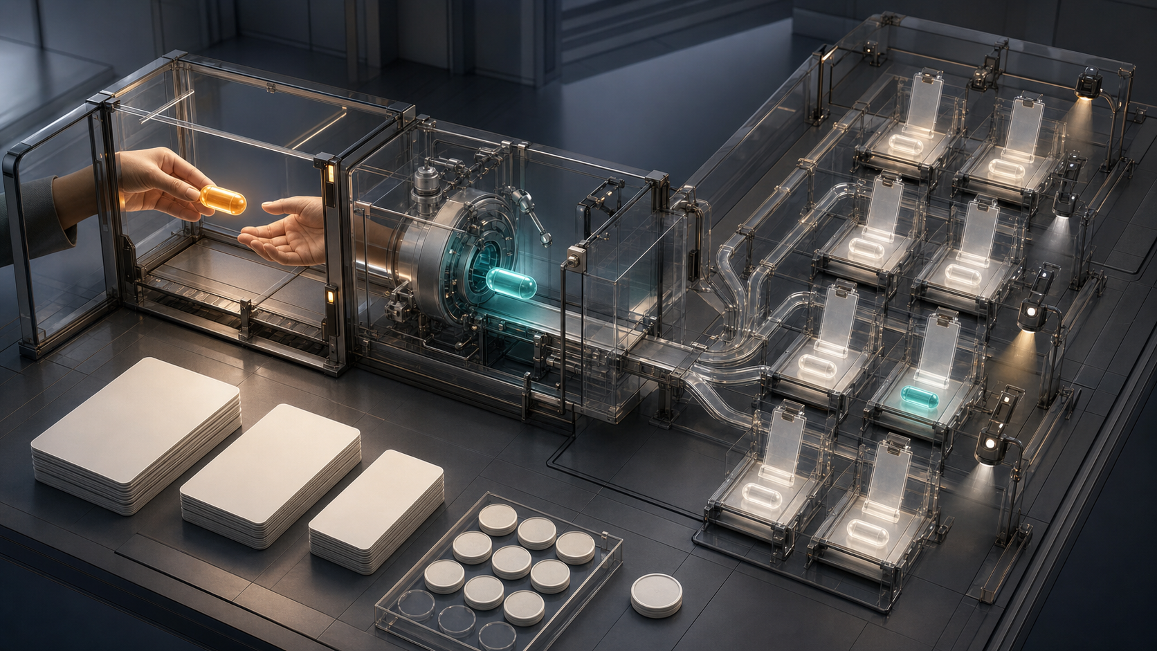 Illustration of a claim capsule passing between controlled correction stations before being tested across multiple AI answer samples.