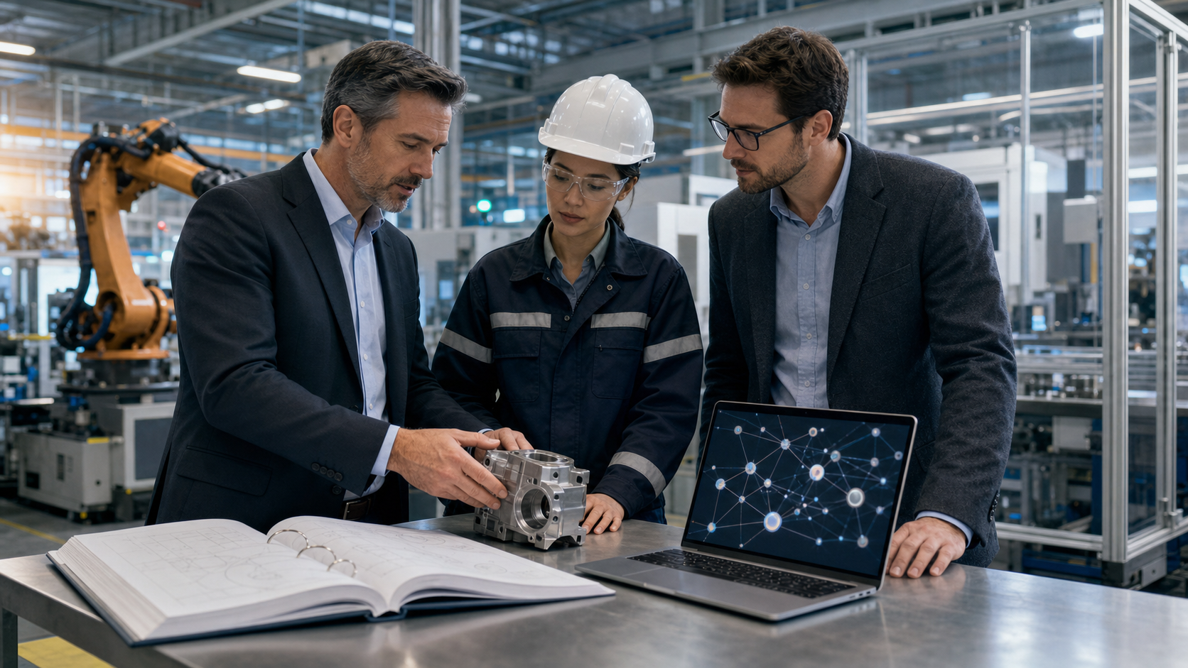 A manufacturing executive, plant engineer, and consultant evaluate a metal component, technical binder, and laptop inside a modern factory.