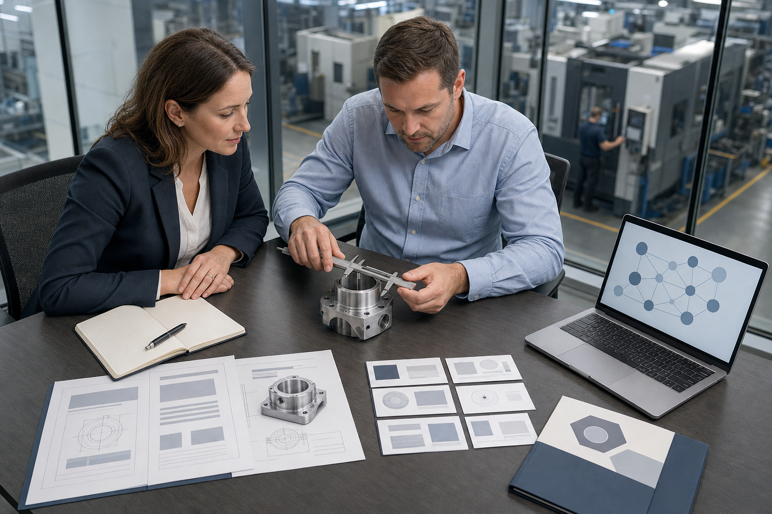 A procurement professional and manufacturing engineer inspect an industrial part beside organized technical documents and a laptop with an abstract source network.