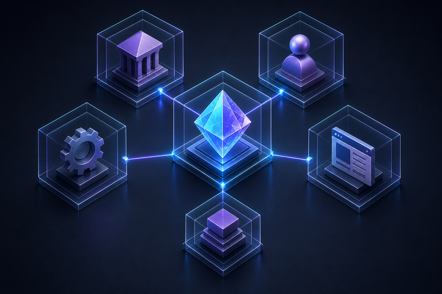 A central geometric entity is linked to several distinct objects through an orderly network of glowing connections and nested frames.