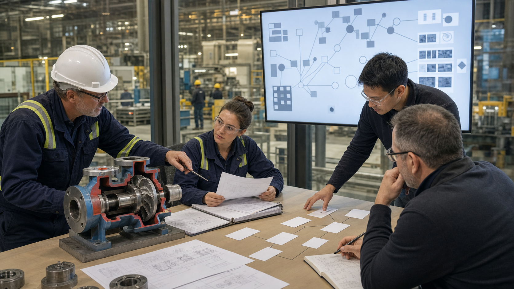 A cross-functional team demonstrates a technical content workflow with an industrial pump model, engineering documents, blank process cards, and an abstract digital display.