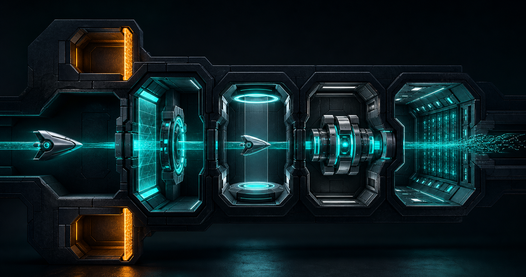An abstract AI agent passes through layered permission and confirmation gates while blocked routes end at protective barriers.