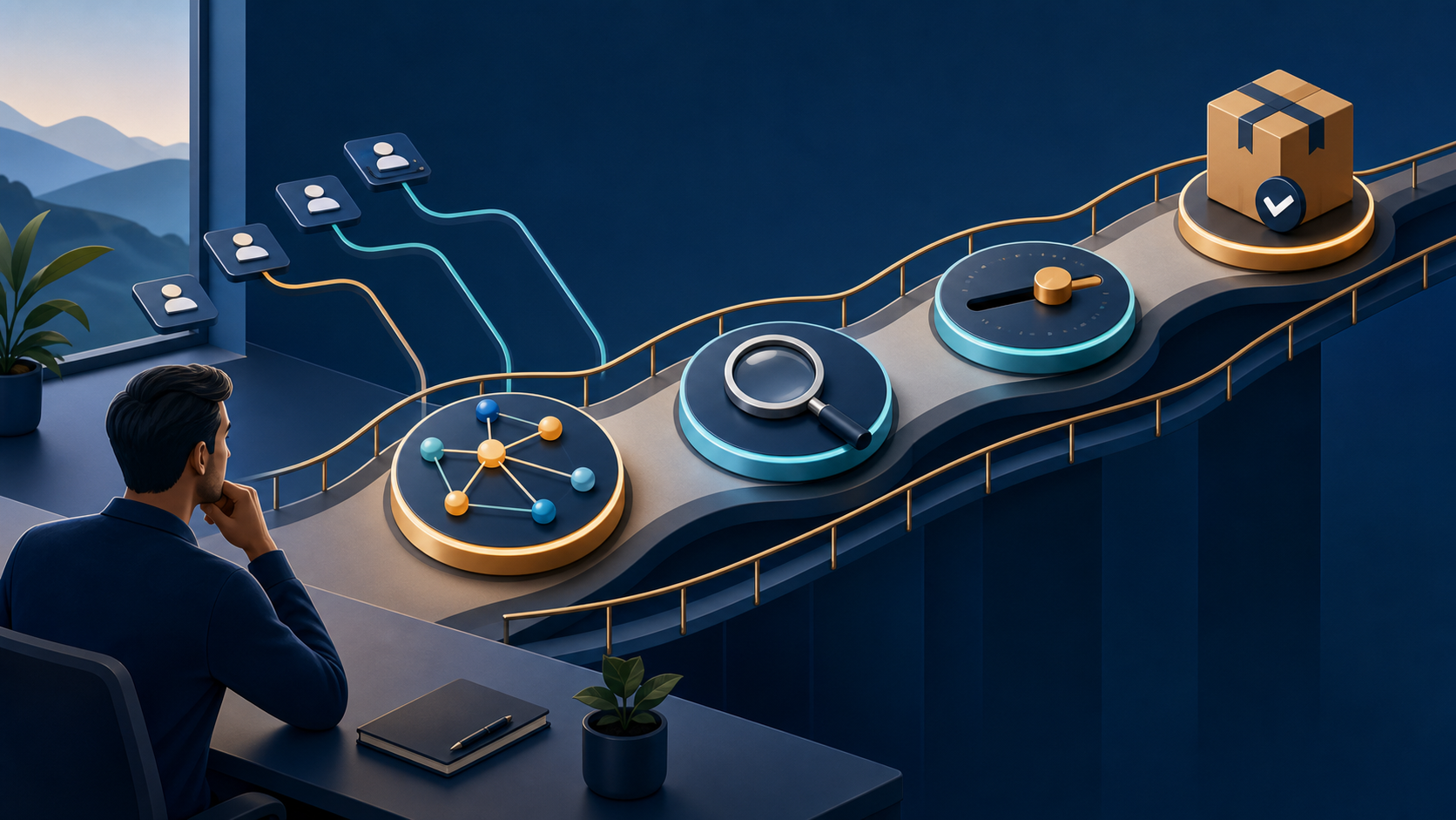 An editorial illustration of a strategist guiding multiple advertising accounts along a guarded growth path through measurement, diagnosis, testing, and verified sales outcomes.