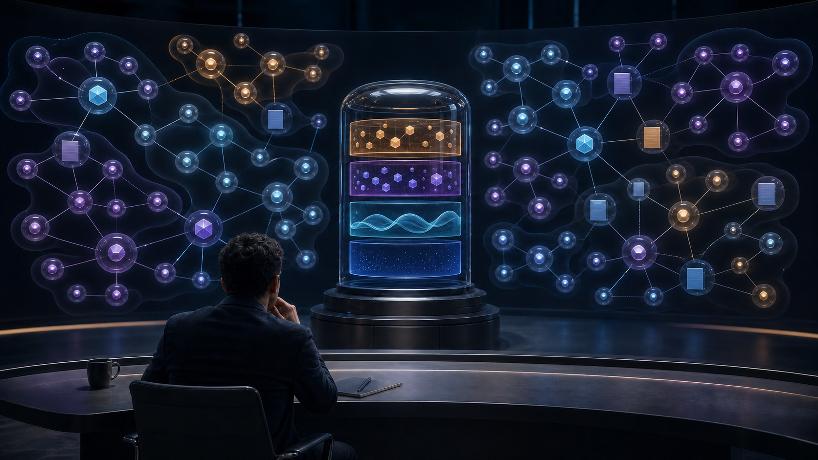 An analyst examines clustered question nodes, source tiles, and layered answer records in a digital measurement studio.