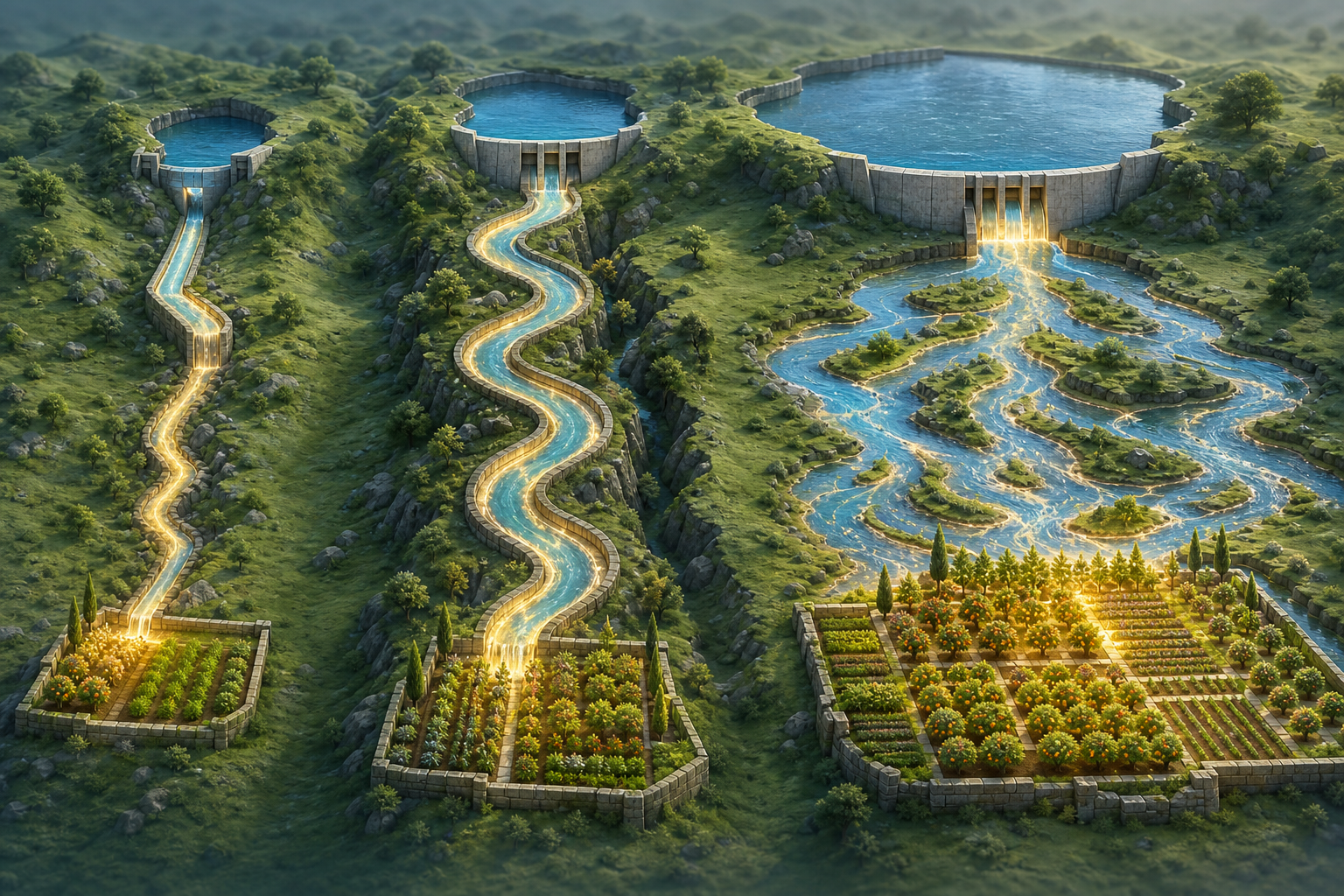 Three differently shaped waterways require varying amounts of flow before reaching productive garden plots.