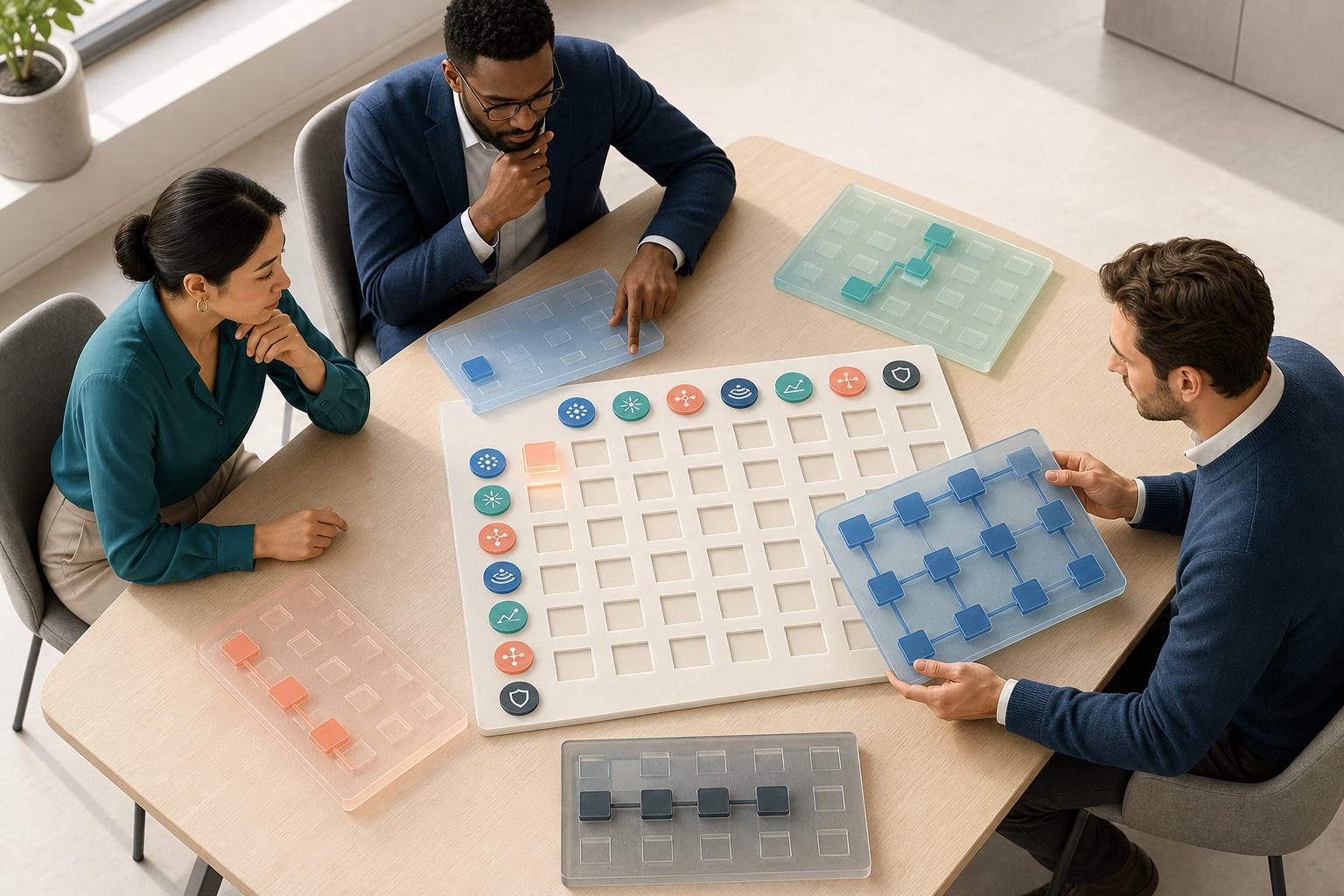 A buying team compares unbranded platform modules against a structured grid using colored evaluation tokens.
