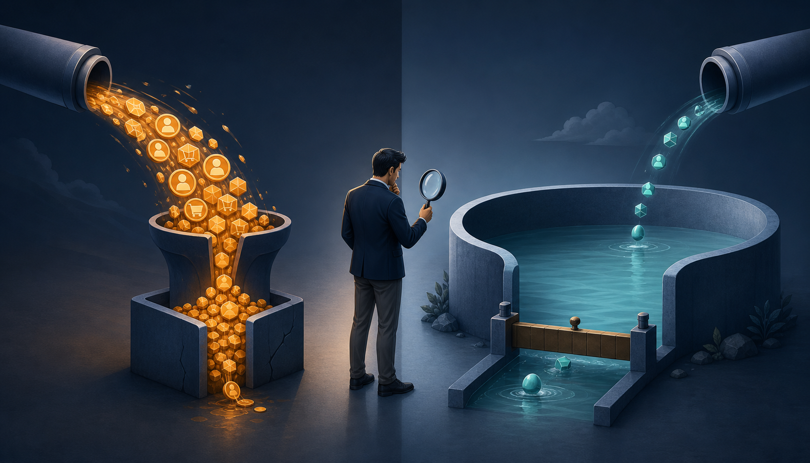 A split illustration contrasts a full channel restricted by limited capacity with an underused channel restricted by a low gate, while an analyst examines both.