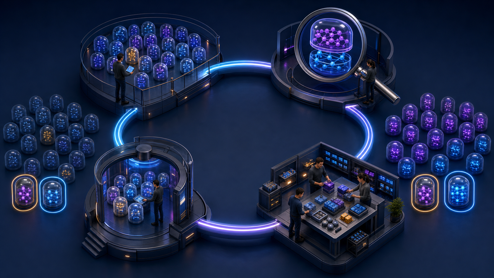 Four connected work areas form a loop for observing AI answers, diagnosing differences, improving content, and retesting results.