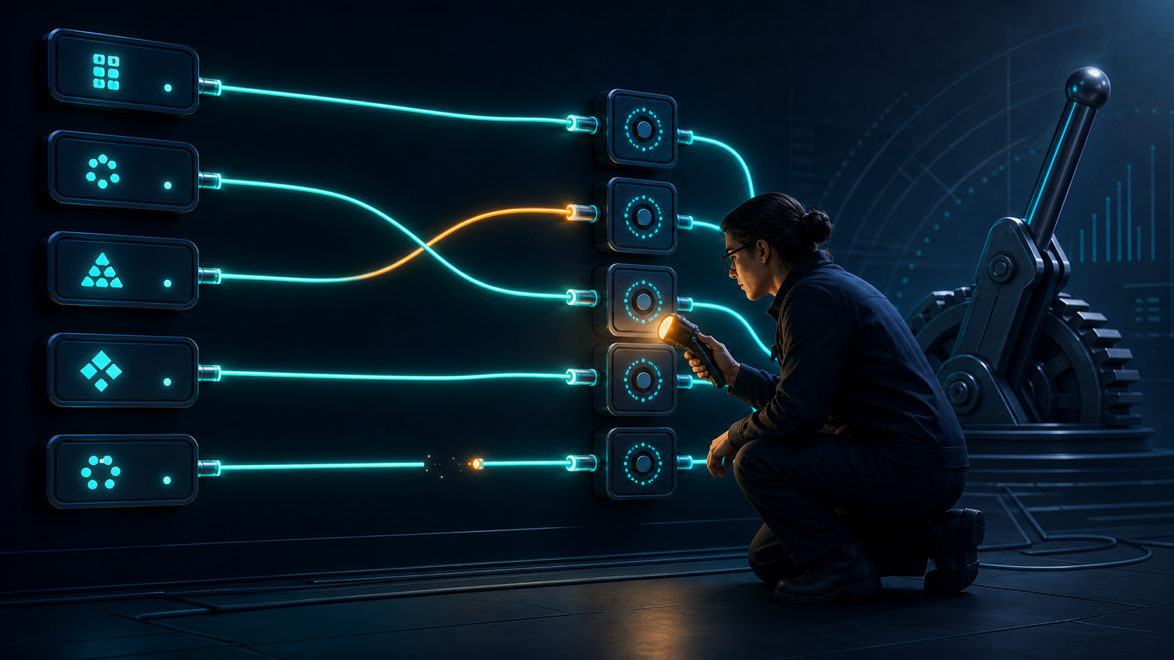 A specialist inspects connections between multiple account modules and matching analytics hubs, with a crossed cable and broken signal highlighted for review.
