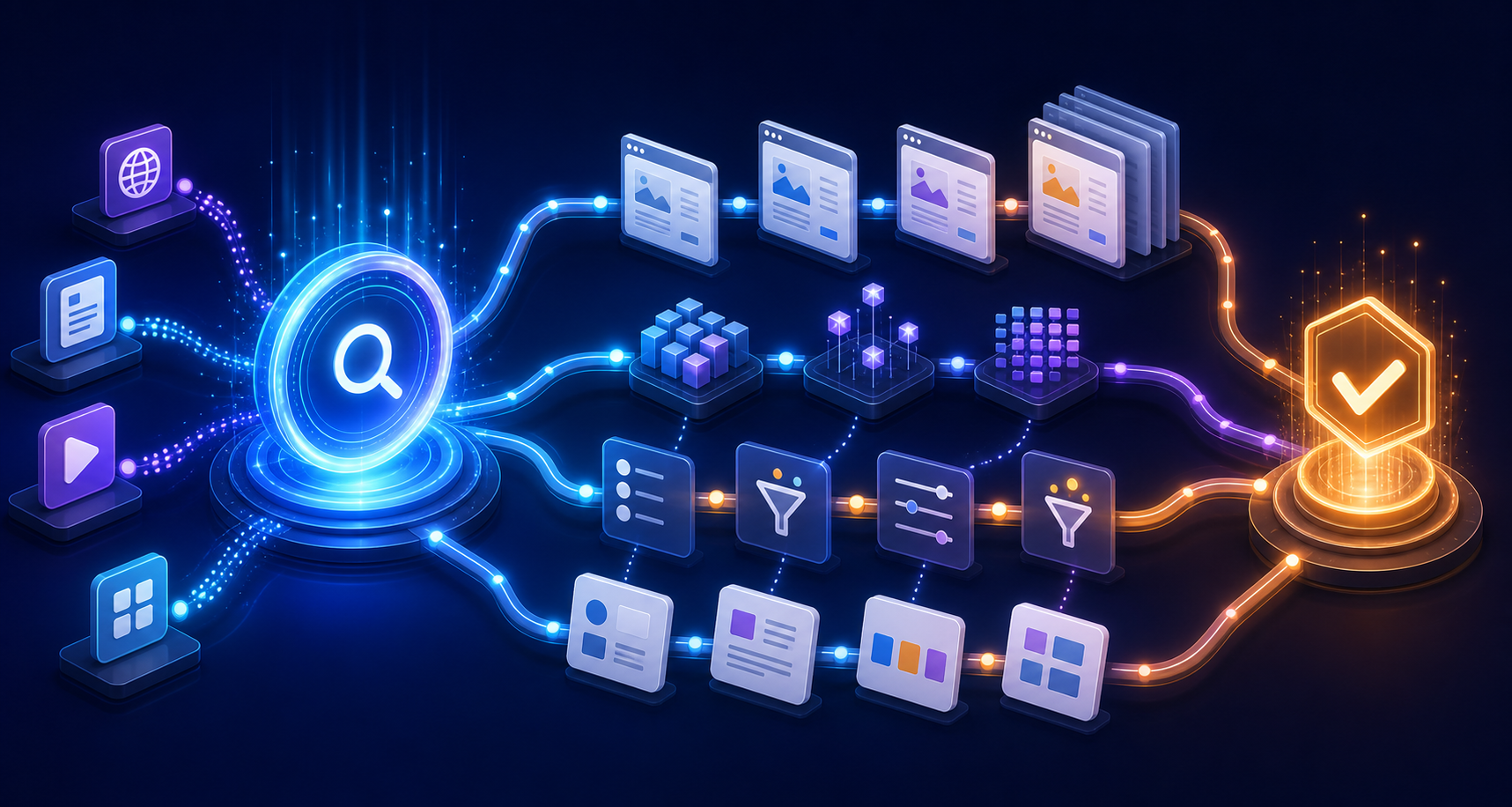 Abstract agentic search workflow connecting webpage cards, data blocks, filters, and a completed-task symbol.