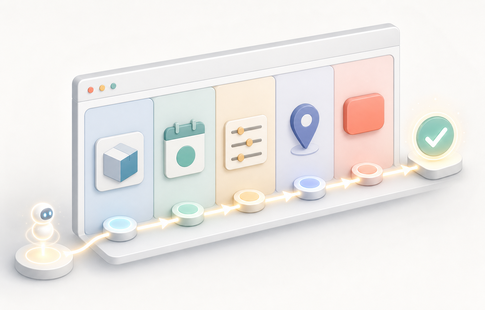 Illustrated webpage modules connected by a clear automated path to a task completion symbol.