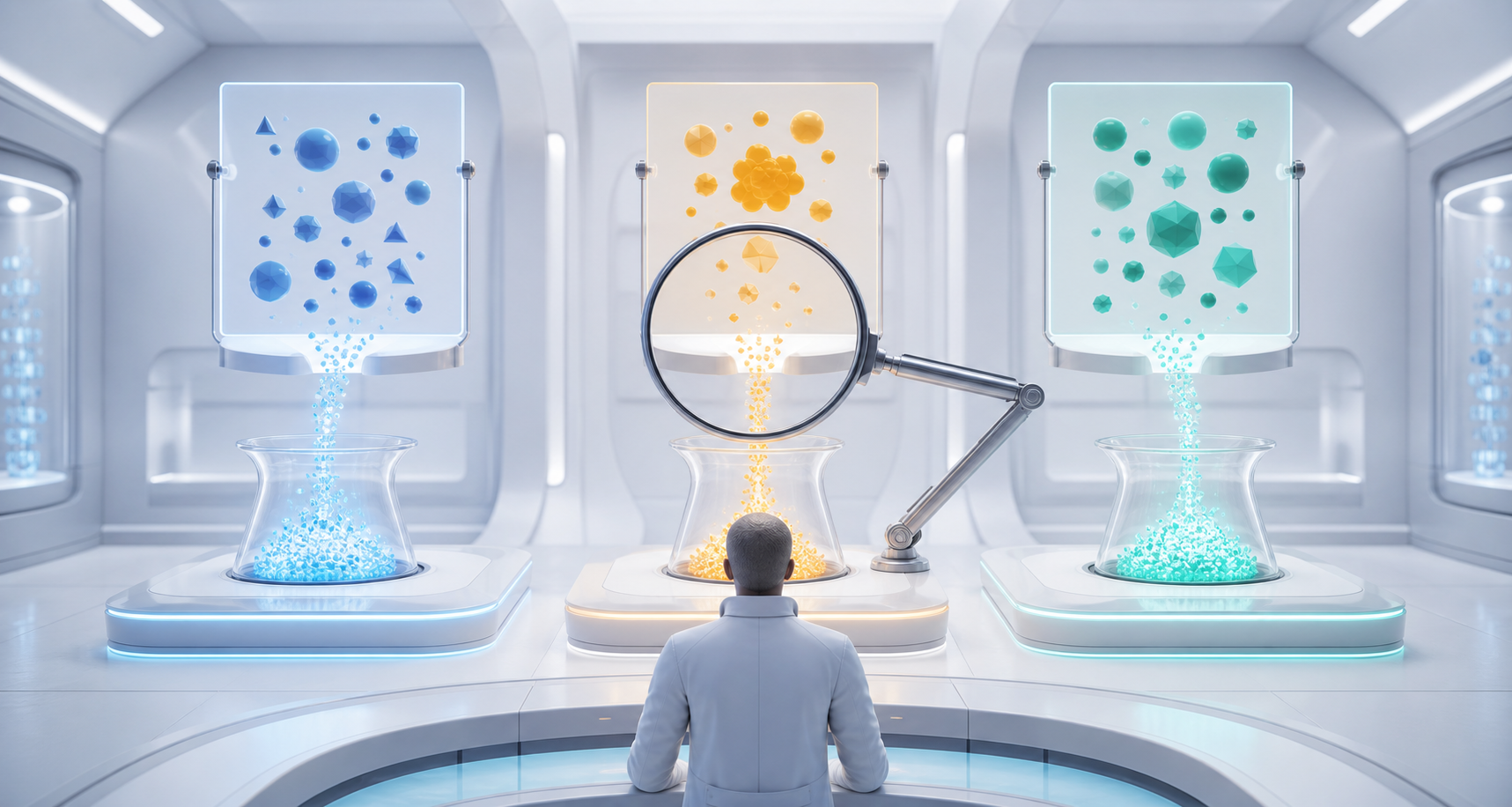 An analyst examines signals from three separate abstract search interfaces before the pathways merge.
