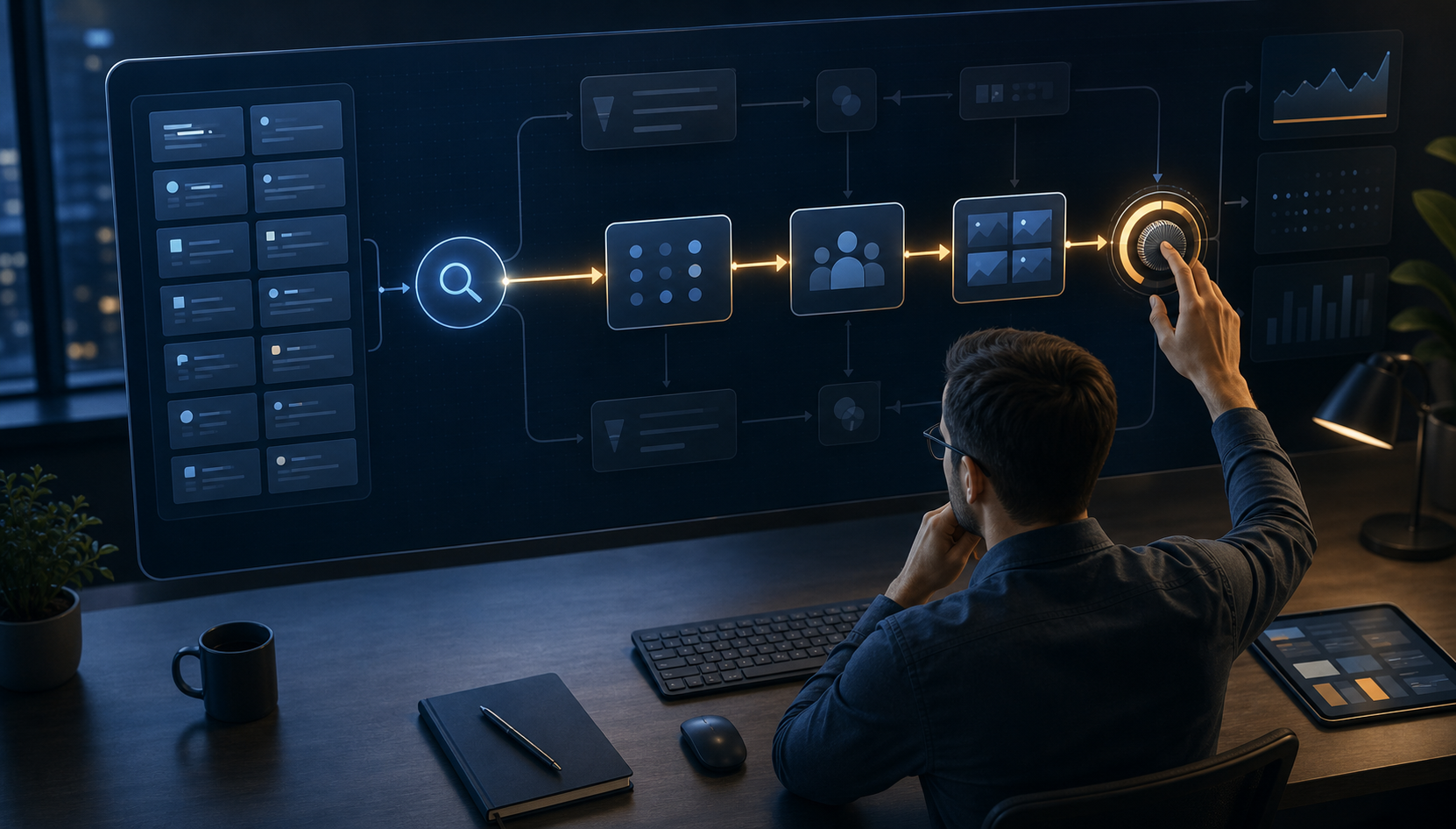Marketing analyst reviewing an abstract advertising dashboard with search activity flowing through diagnostic filters to a selected control.