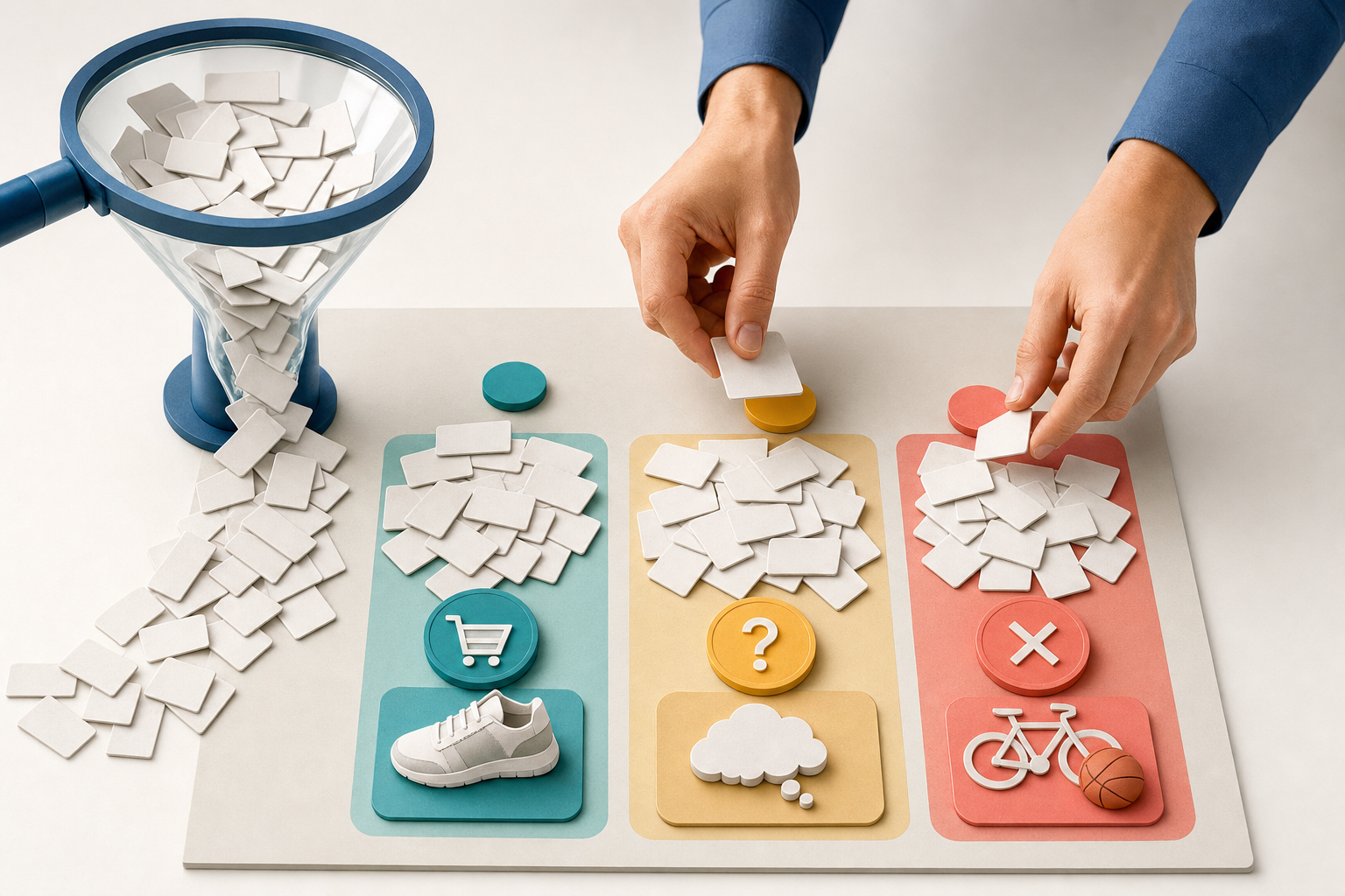 Overhead illustration of a marketer sorting unlabeled search-query cards into relevant, weak-intent, and unrelated groups.