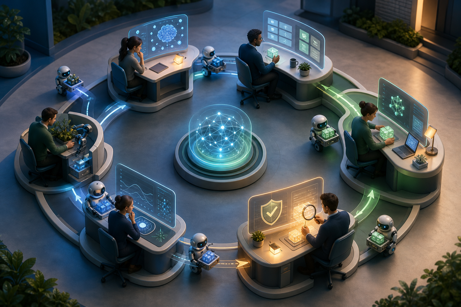 Human specialists and automated agents move work through a circular sequence of planning, review, monitoring, and maintenance stations.