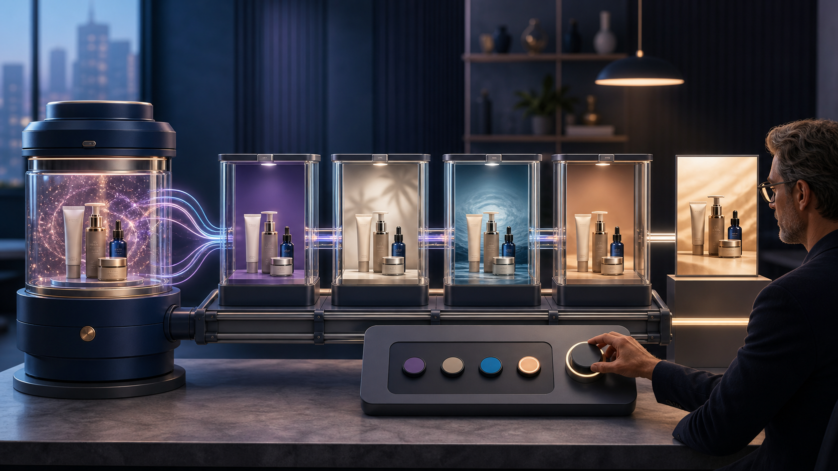 Creative director comparing several AI-generated visual variations arranged in separate test chambers before selecting one.