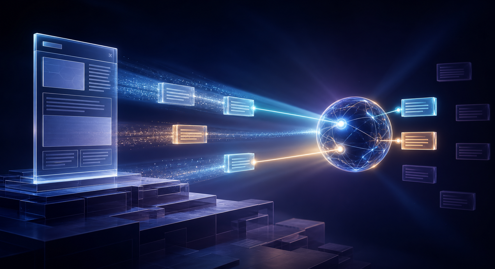 Modular answer blocks move from a complete web page toward a glowing synthesis orb that illuminates only selected blocks.