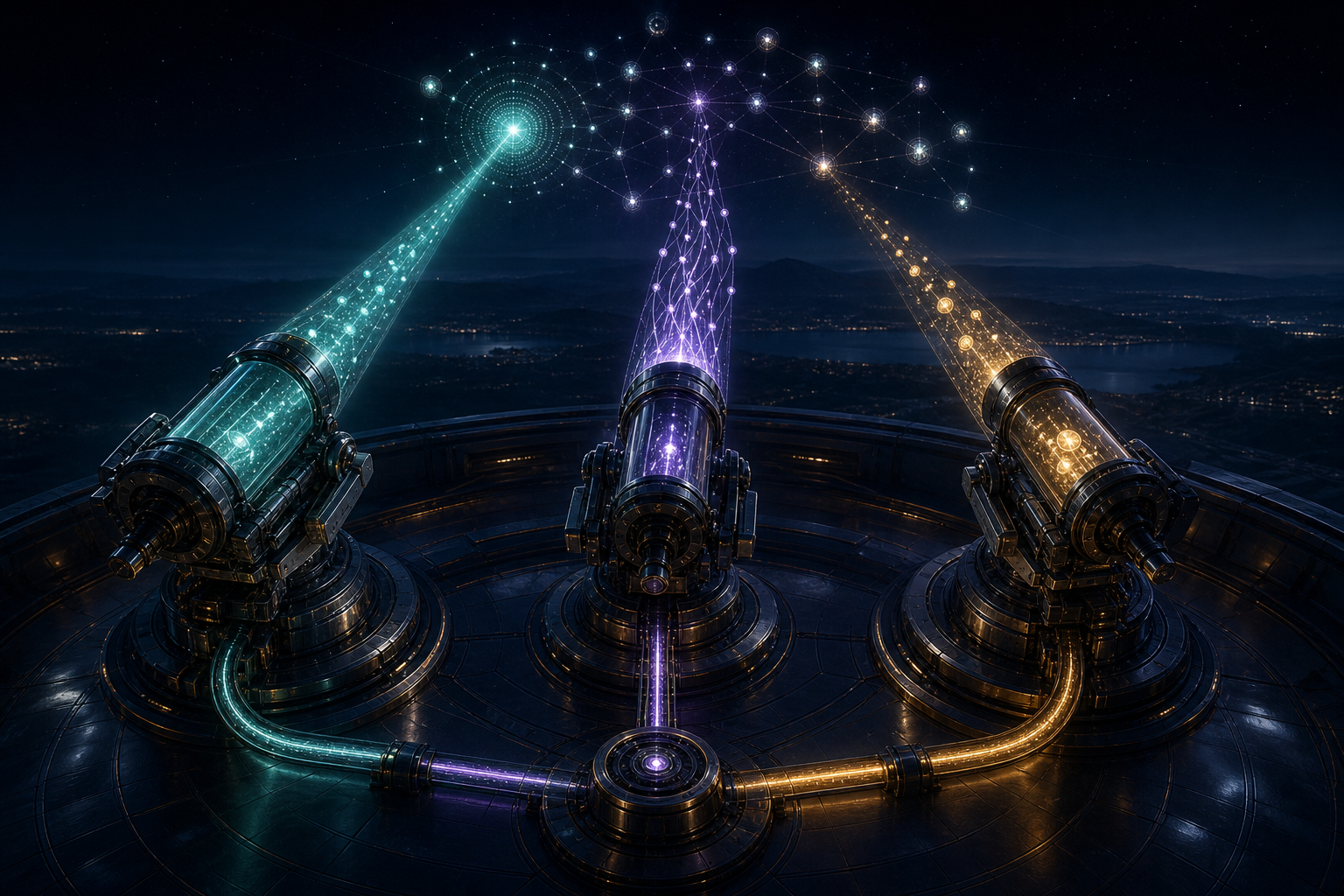 Three optical instruments separately observe source inclusion, visitor flows, and illuminated outcome tokens within one digital system.