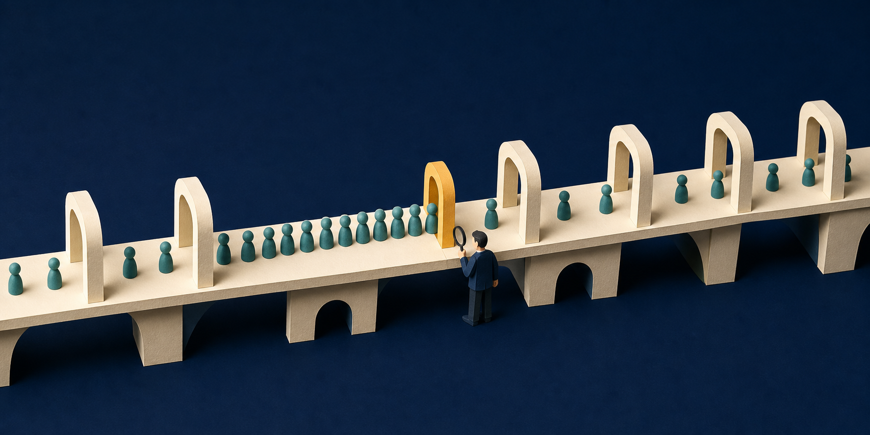 Customer tokens queue at one narrow gate along an otherwise open business pathway while an operator inspects the bottleneck.