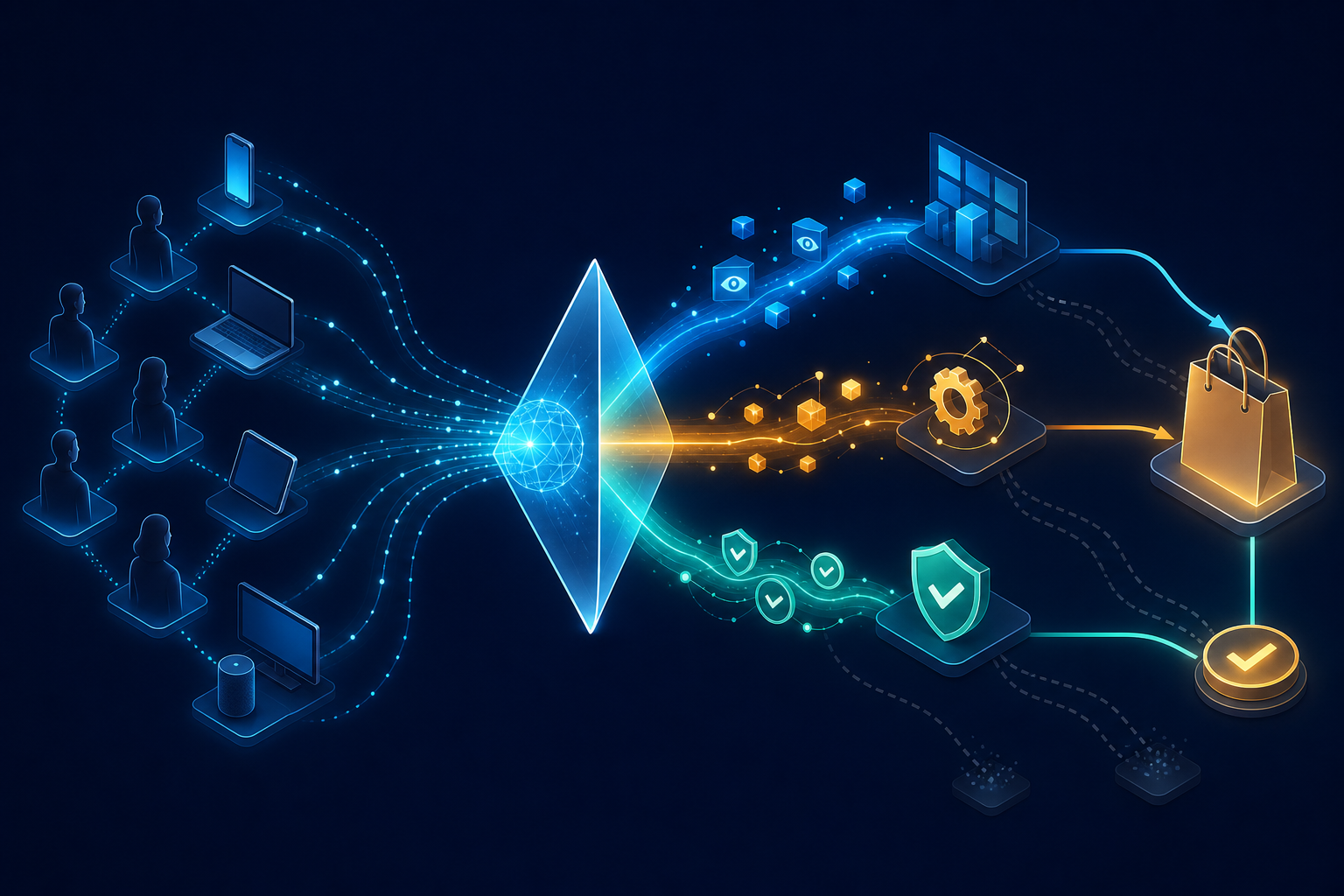 An isometric illustration shows audience and device signals passing through an AI system, with some paths reaching a purchase outcome and others fading.