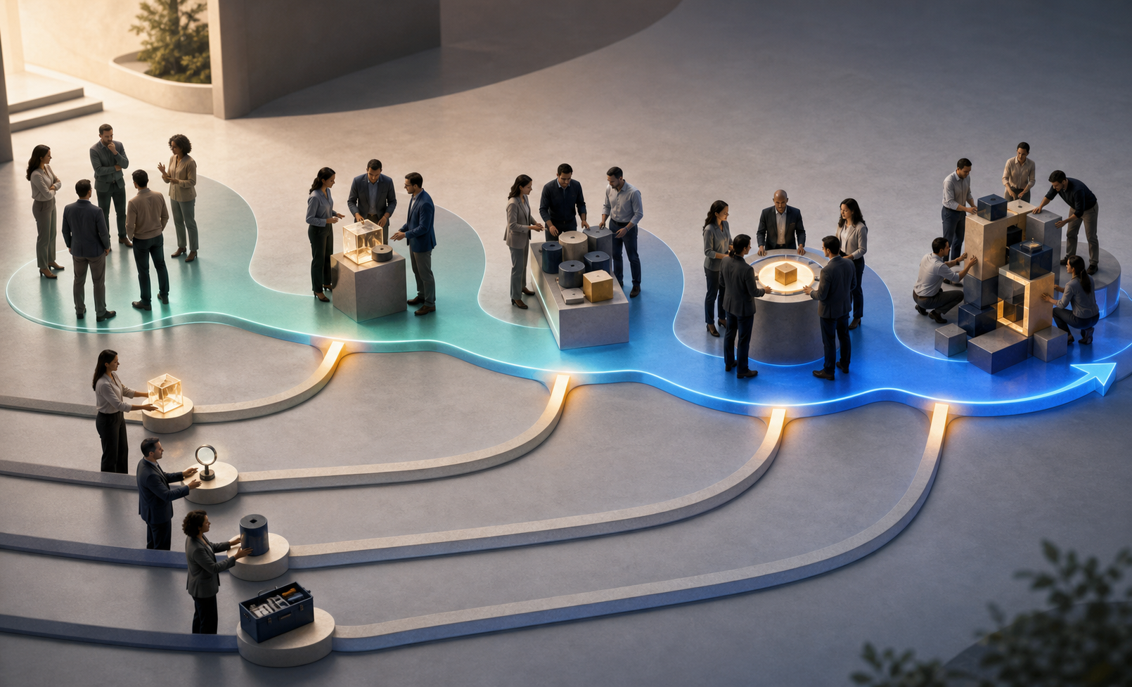 A central illuminated path connects successive buyer situations while several business teams contribute evidence at different stages.