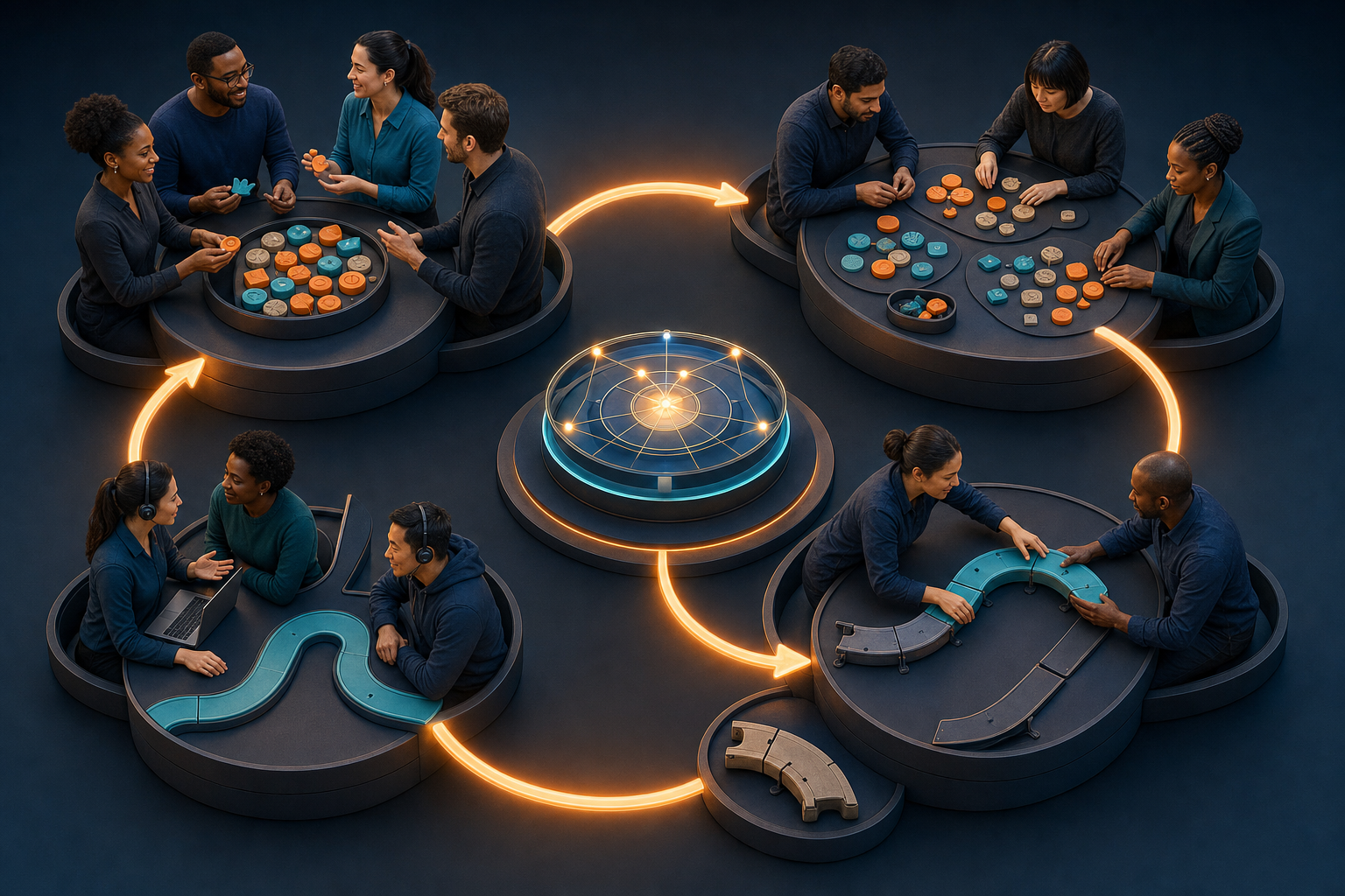 Four connected teams collect customer signals, identify patterns, update modular processes, and return the revised system to frontline work.