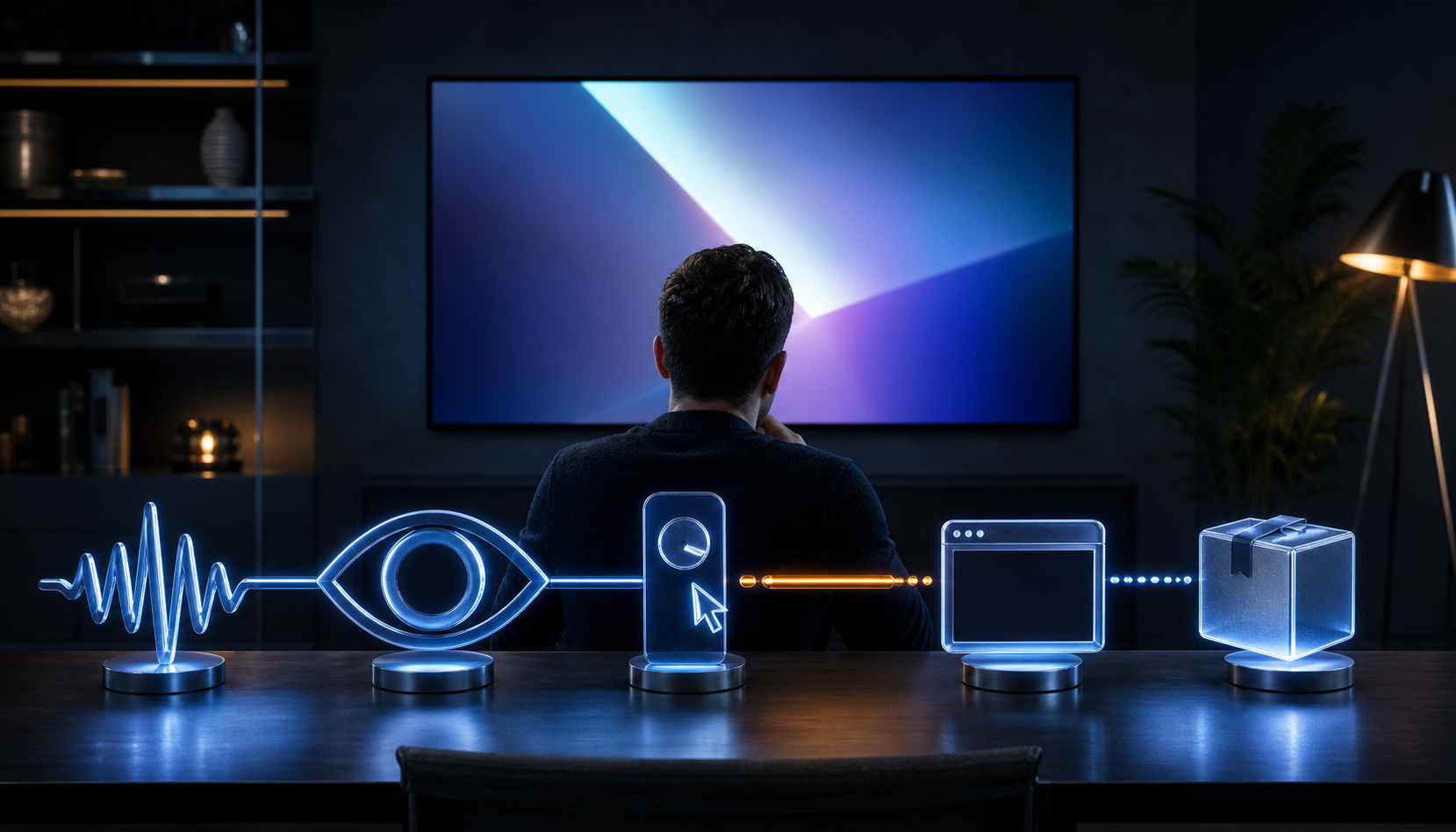 An analyst faces a glowing television and a row of illuminated campaign-stage symbols, with one dim link indicating a performance problem.