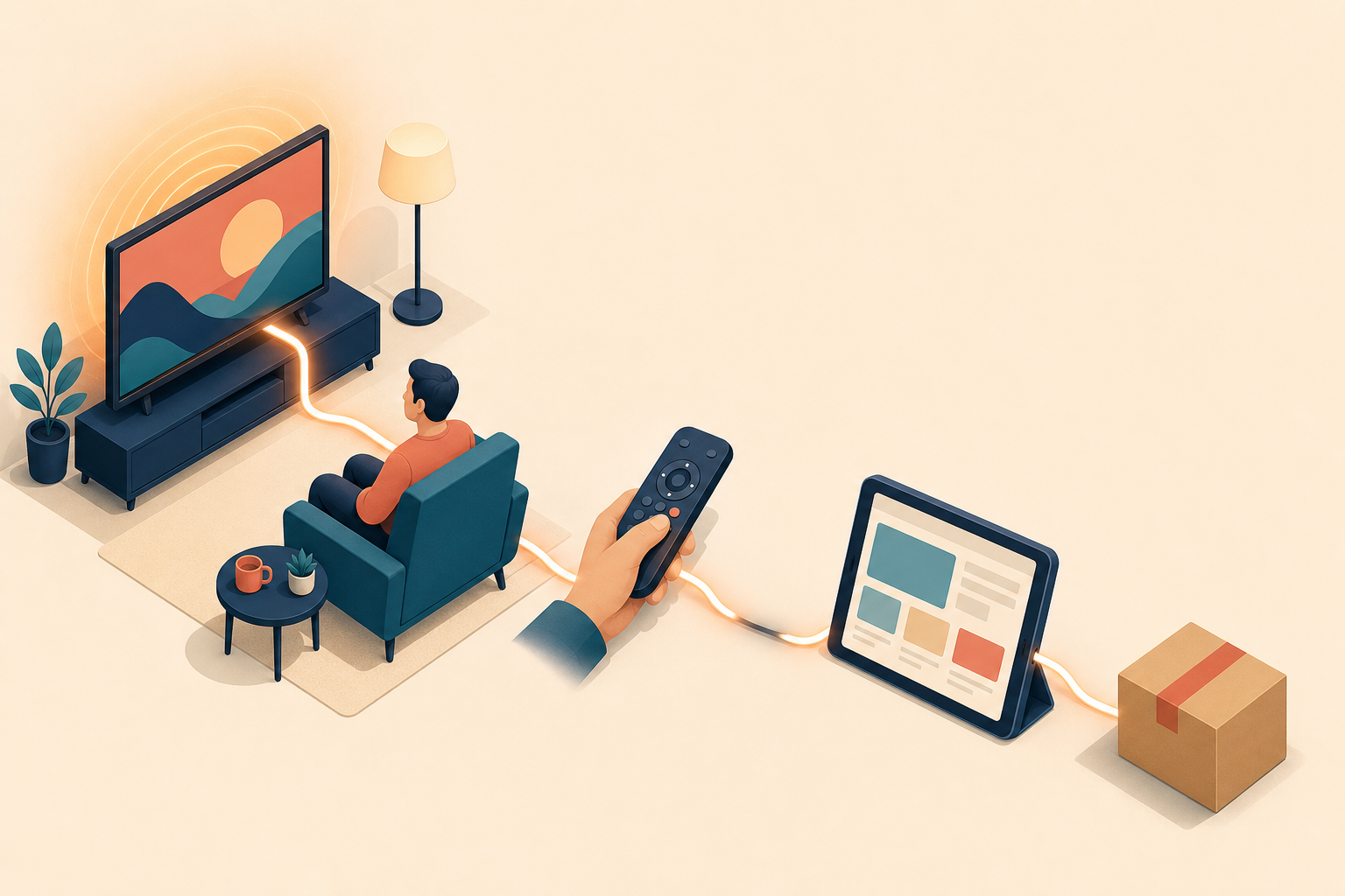 An isometric sequence connects a television, viewer, remote, tablet, and shopping parcel with a glowing cable that weakens at one junction.