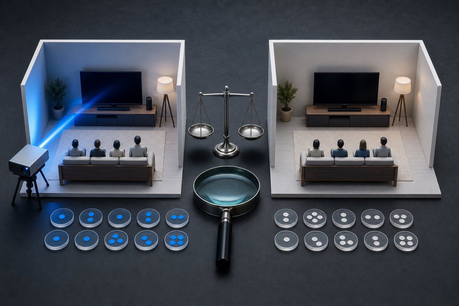 Two matching miniature living rooms are compared on a laboratory bench, with only one receiving a projected media beam.