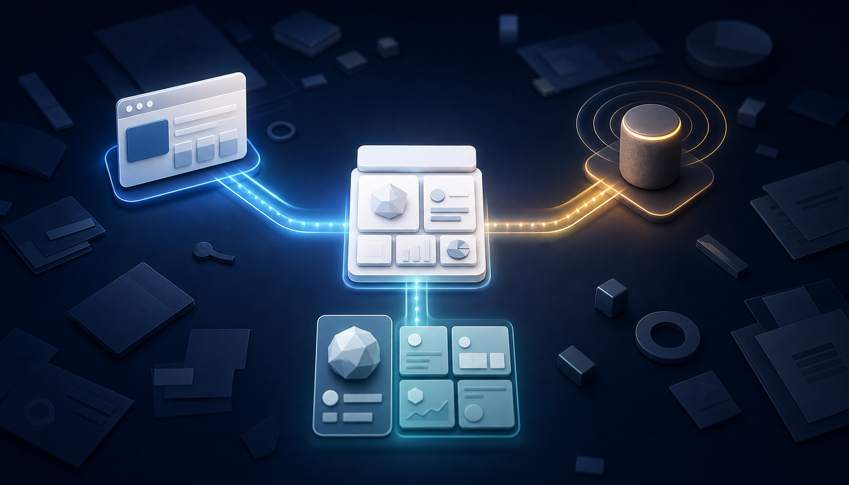 A central structured content module connects to abstract browser, speaker and entity-panel surfaces while scattered blocks remain in the background.