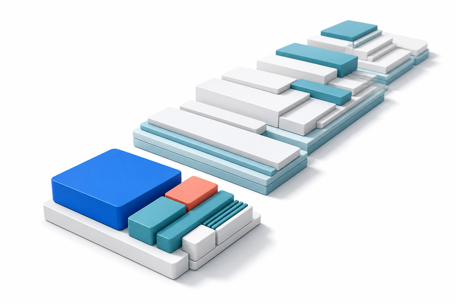 A compact group of interlocking blocks forms a complete unit in front of a longer pathway of supporting layers.