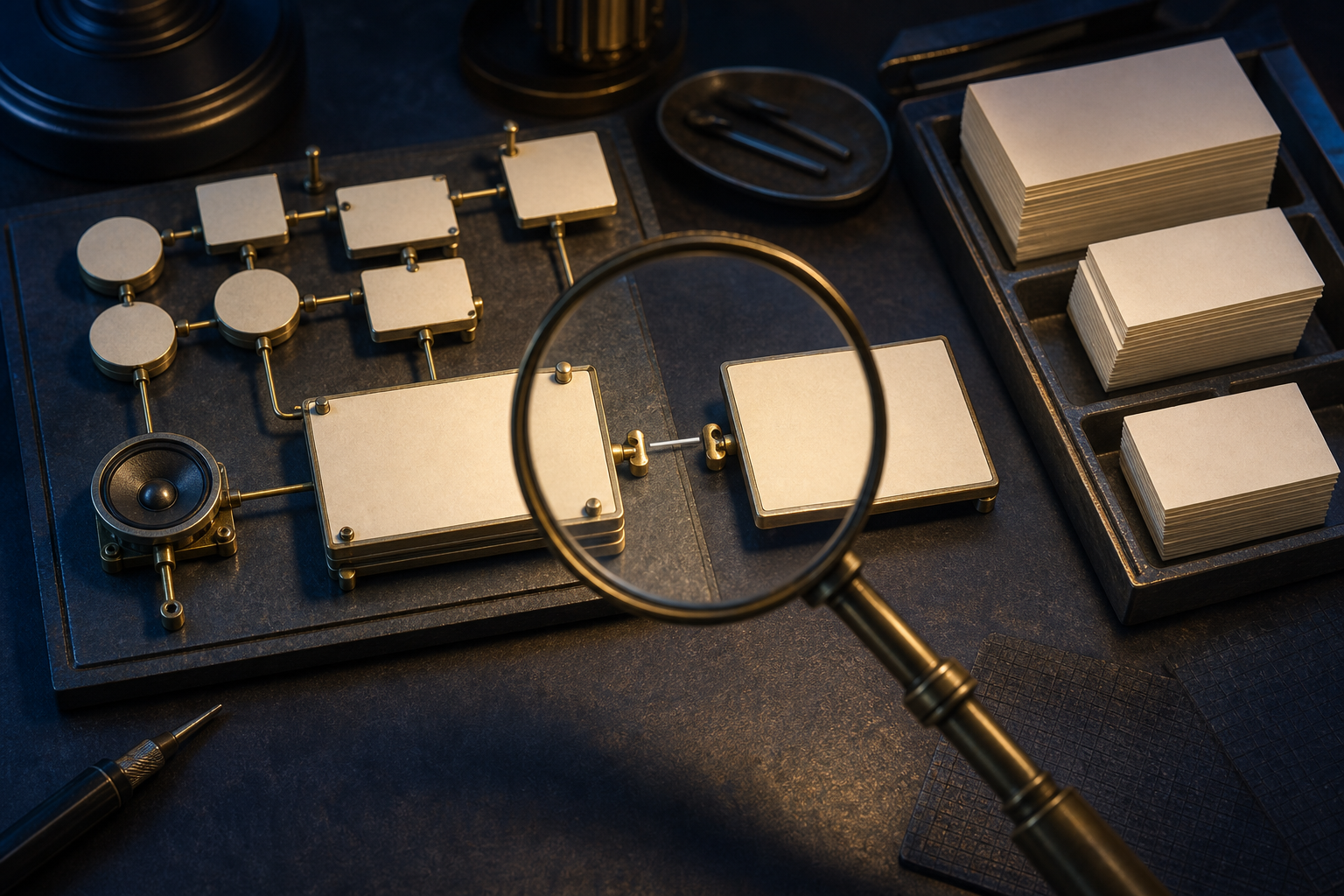 A magnifying lens reveals an empty connector slot in a modular search-result mechanism beside unused stacks of blank cards.