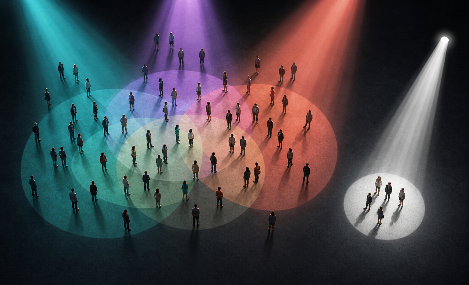 Colored beams overlap across a crowd while a separate overhead light isolates people reached incrementally.